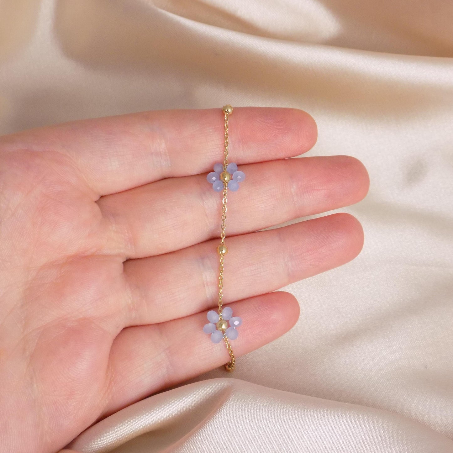 Tiny Blue Flower Bracelet 18K Gold Stainless Steel - Periwinkle Beaded - Dainty Super Thin - Gifts For Her - M6-337