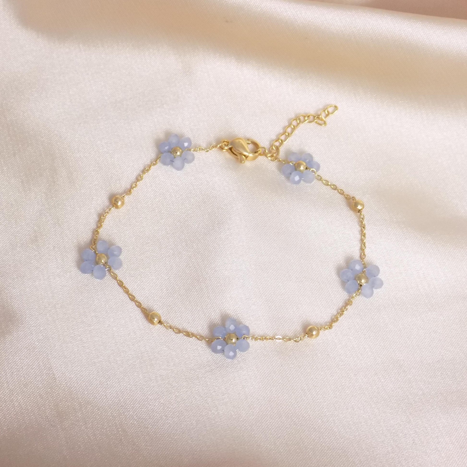 Tiny Blue Flower Bracelet 18K Gold Stainless Steel - Periwinkle Beaded - Dainty Super Thin - Gifts For Her - M6-337