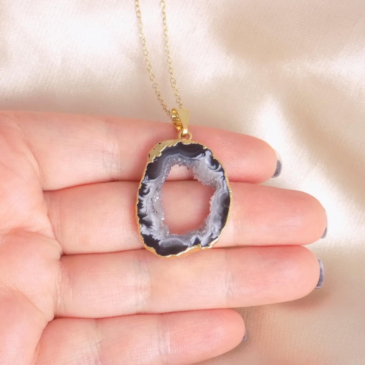 Large Statement Necklace, Gray Geode Necklace, Gold Druzy Pendant Necklace For Women, G15-155