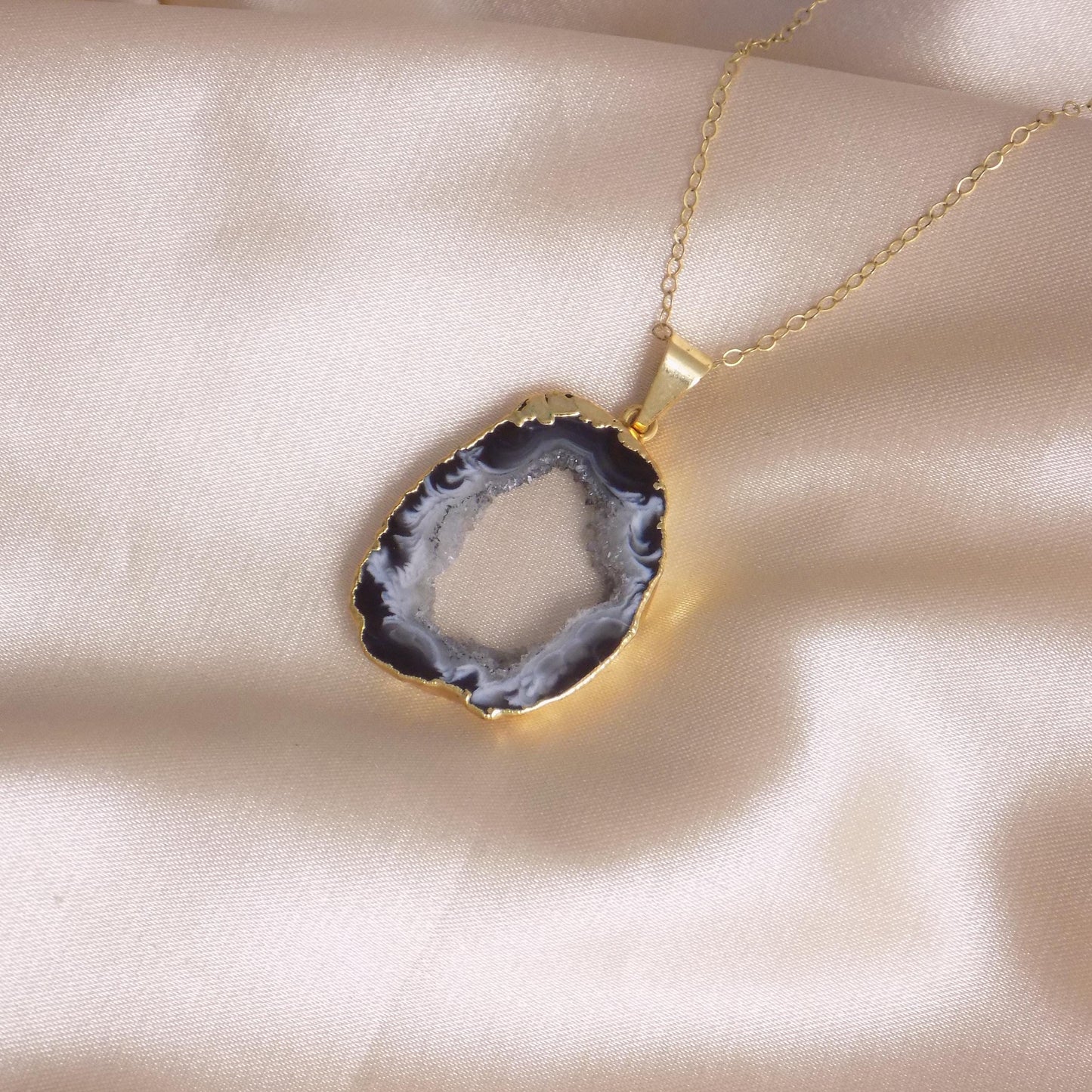 Large Statement Necklace, Gray Geode Necklace, Gold Druzy Pendant Necklace For Women, G15-155