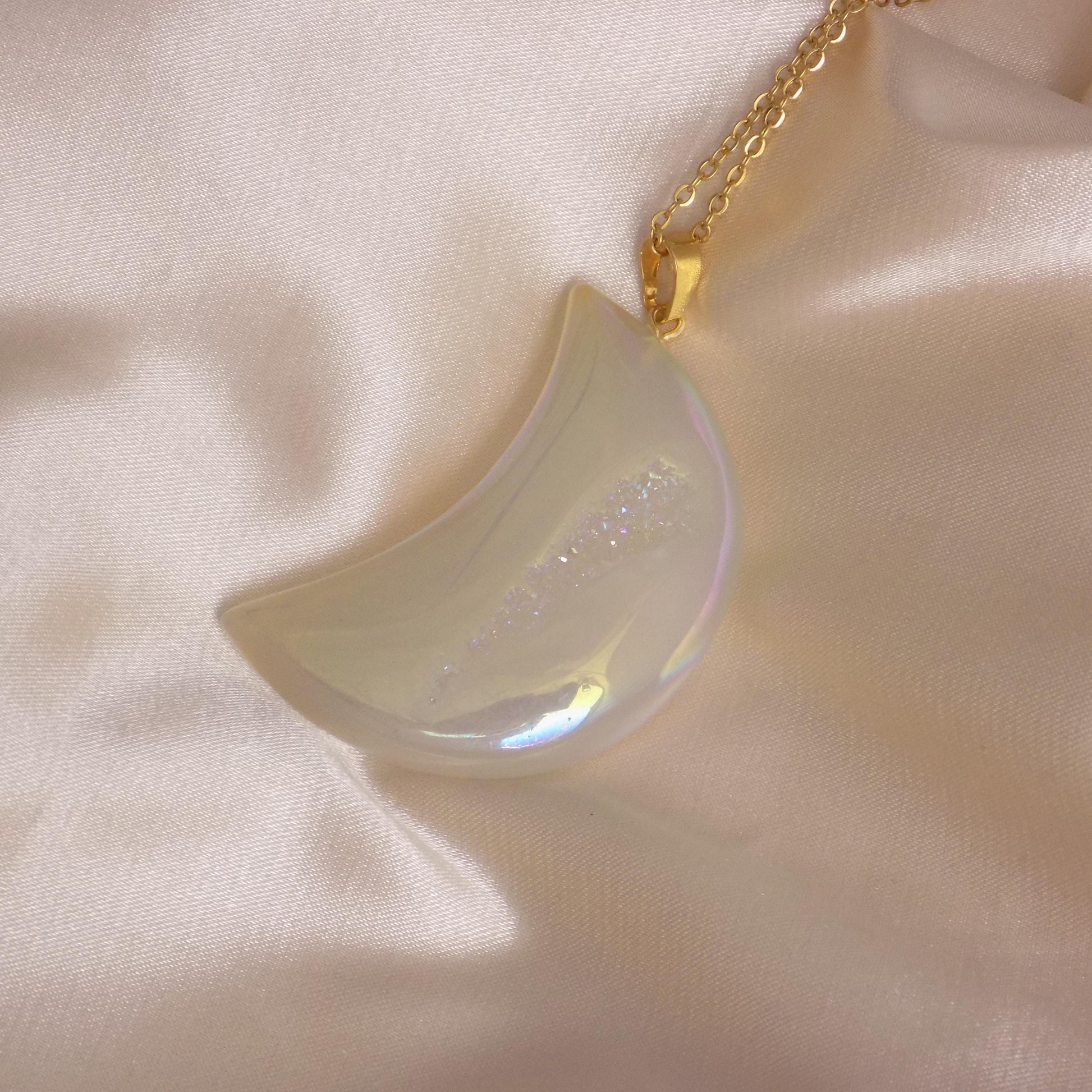 Large Crescent Moon Necklace - Aura Quartz Crystal Necklace Gold