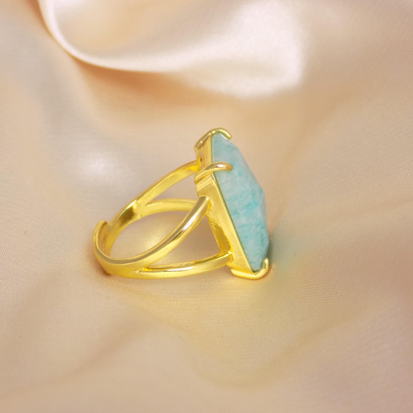 Green Amazonite Gold, Large Crystal Ring Adjustable, Gift For Her, M7-440