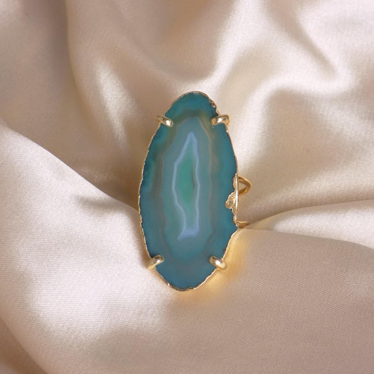 Unique Green Agate Ring Statement, Sliced Geode Ring, Boho Large Stone, Raw Crystal Ring Gold Adjustable, G15-163