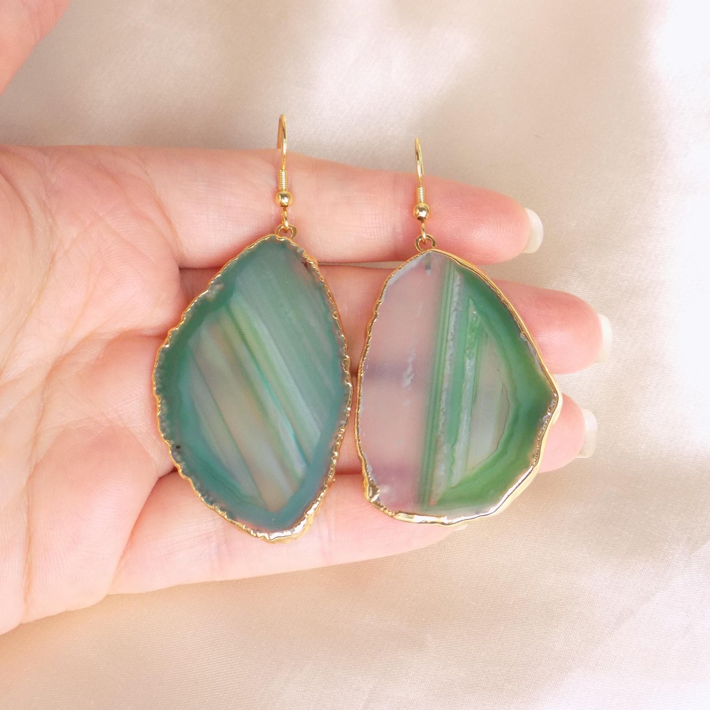 Sliced Agate Earrings, Green Dangle Earrings, Drop Earrings, Agate Earrings, Large Gemstone Earrings, Clip-on Earrings, Gift For Her G15-371