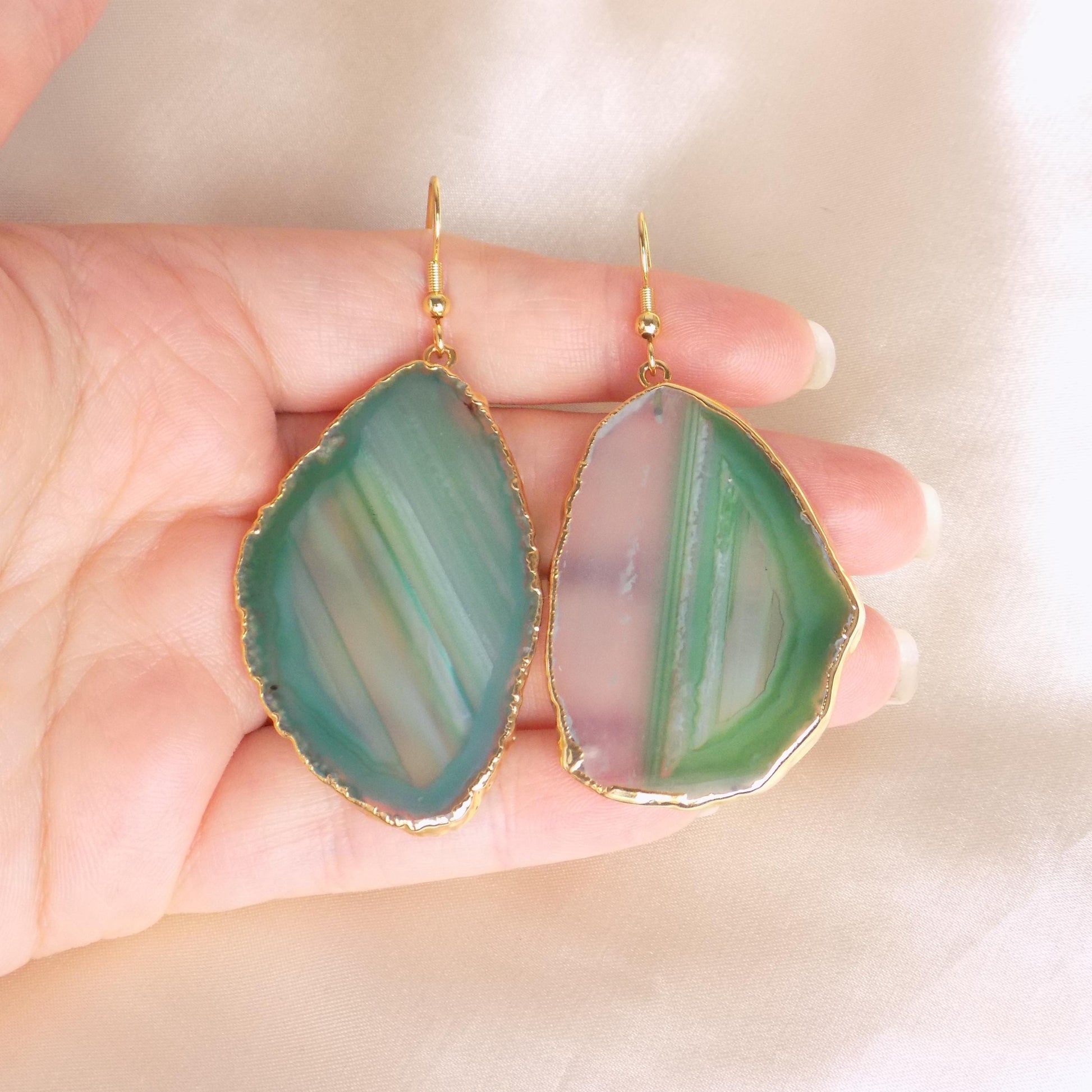 Sliced Agate Earrings, Green Dangle Earrings, Drop Earrings, Agate Earrings, Large Gemstone Earrings, Clip-on Earrings, Gift For Her G15-371