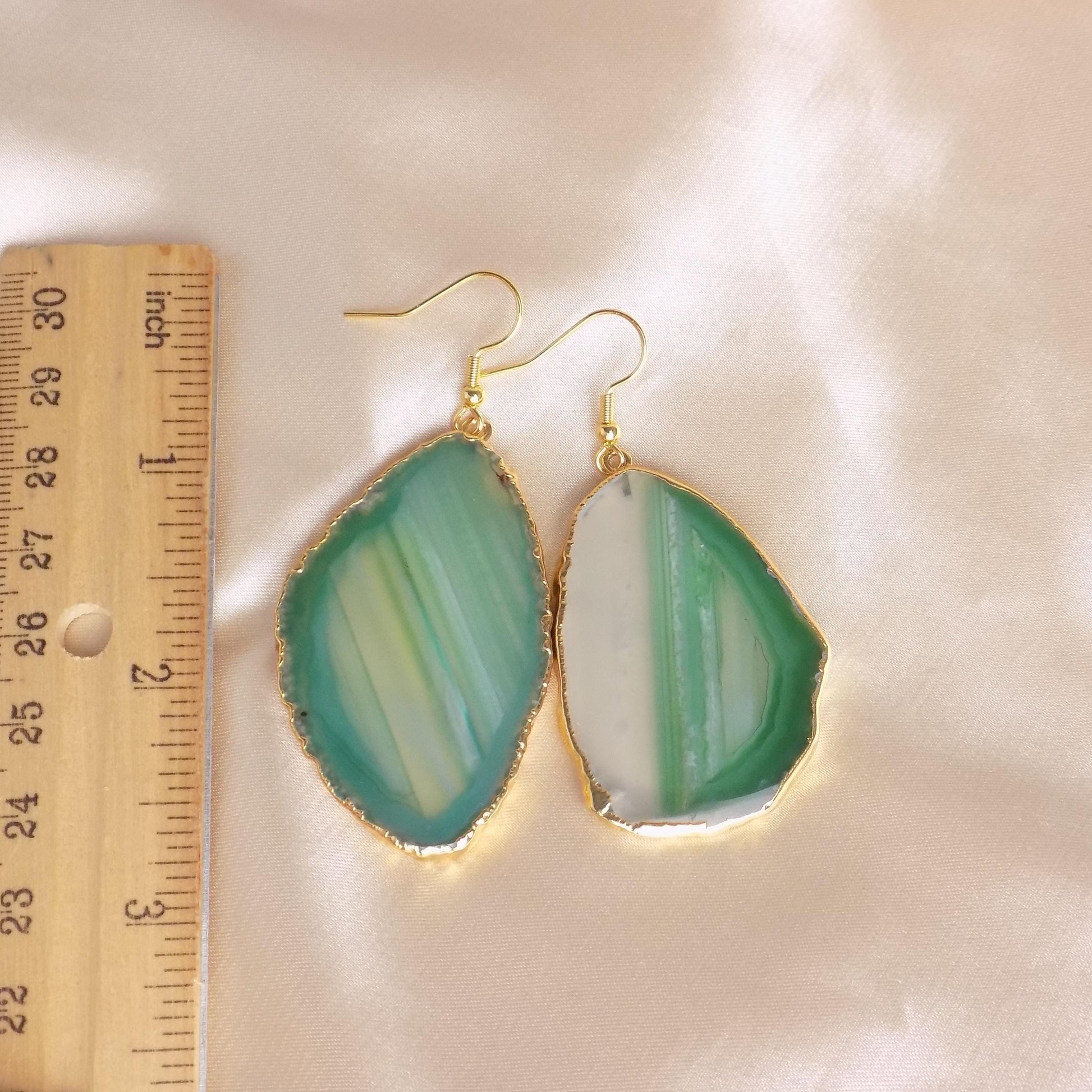 Sliced Agate Earrings, Green Dangle Earrings, Drop Earrings, Agate Earrings, Large Gemstone Earrings, Clip-on Earrings, Gift For Her G15-371