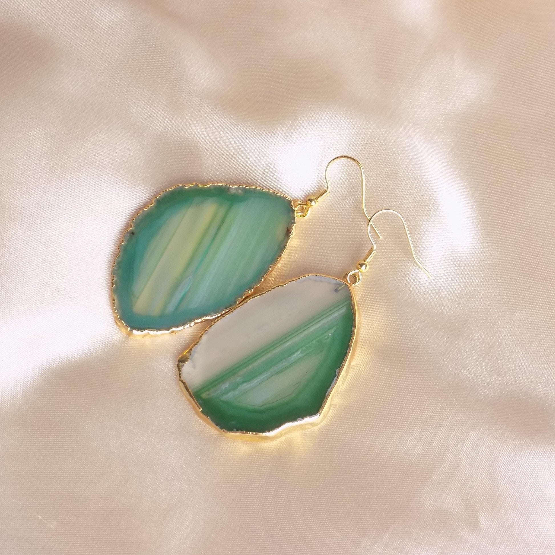 Sliced Agate Earrings, Green Dangle Earrings, Drop Earrings, Agate Earrings, Large Gemstone Earrings, Clip-on Earrings, Gift For Her G15-371