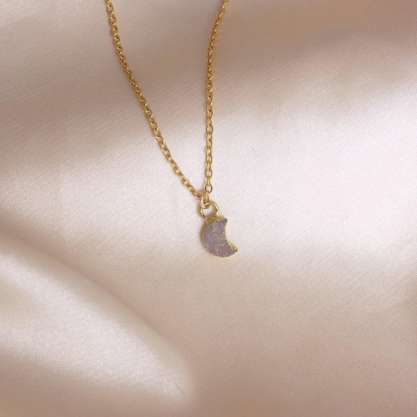 Tiny Crescent Moon Necklace Gold - Natural Druzy Crystal - Christmas Gift Women - M7-452