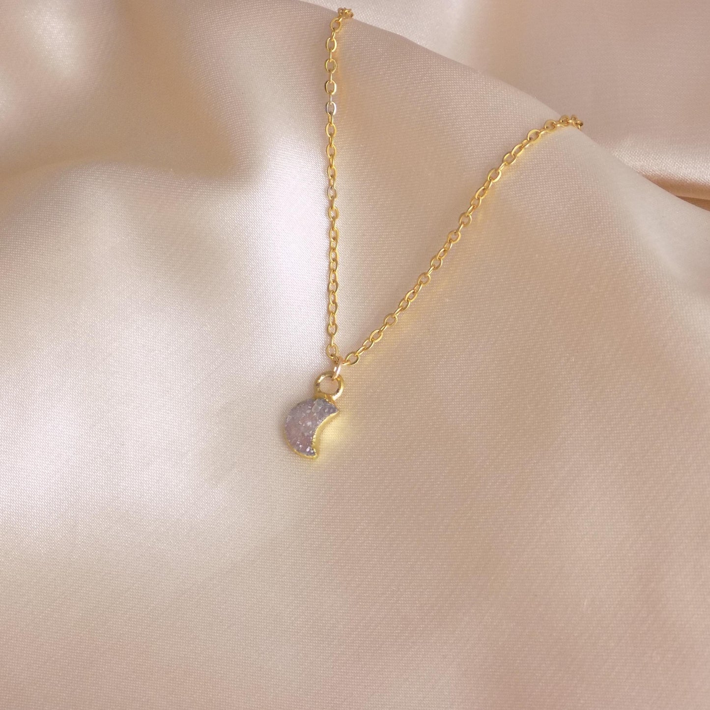 Tiny Crescent Moon Necklace Gold - Natural Druzy Crystal - Christmas Gift Women - M7-452