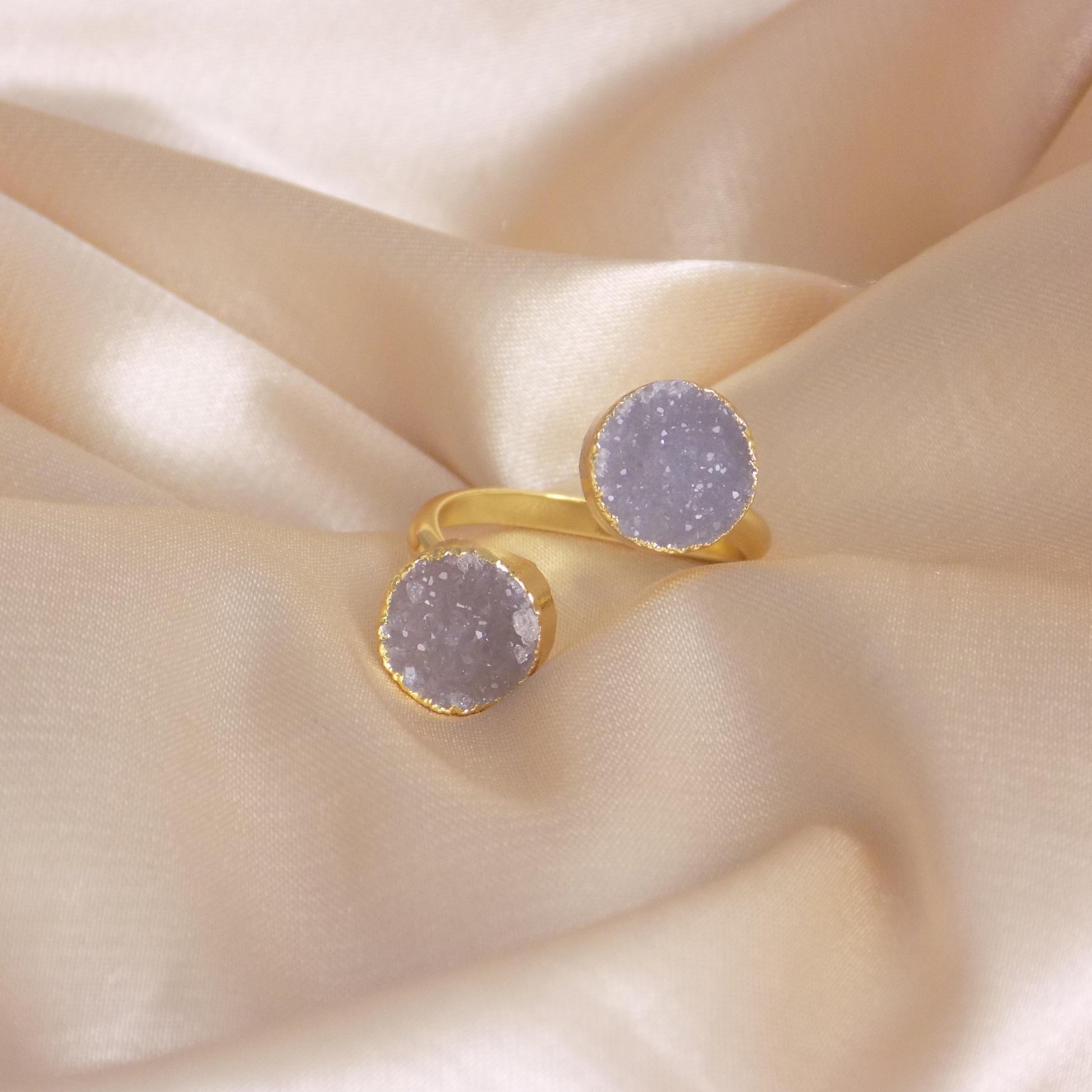 Minimalist Gemstone Ring Adjustable Band Gold Plated, Natural Druzy Ring For Her, M7-78