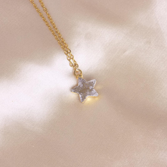 Tiny Star Natural Druzy Crystal Necklace on 18K Gold Stainless Steel Chain, G15-25