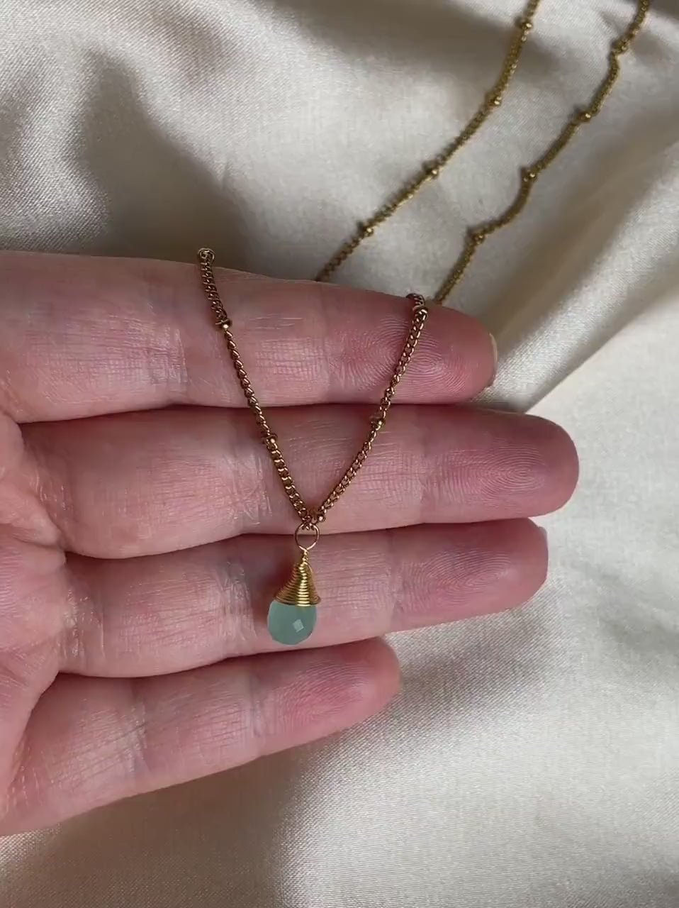 Gold Satellite Chain With Small Aqua Chalcedony Charm, 18K Gold Stainless Steel, Minimalist Layer, M7-73