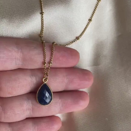 Blue Sapphire Necklace Satellite Chain 18K Gold Stainless Steel, September Birthstone, M7-72