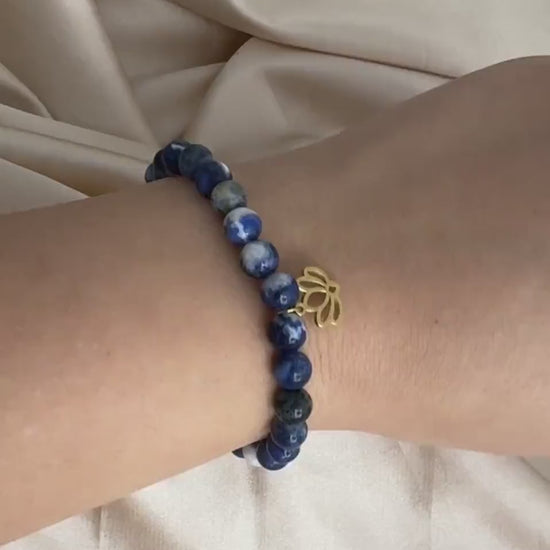 Blue Sodalite Bracelet with Lotus Charm, 18K Gold Stainless Steel, Delicate Layer, Simple Everyday, M7-317