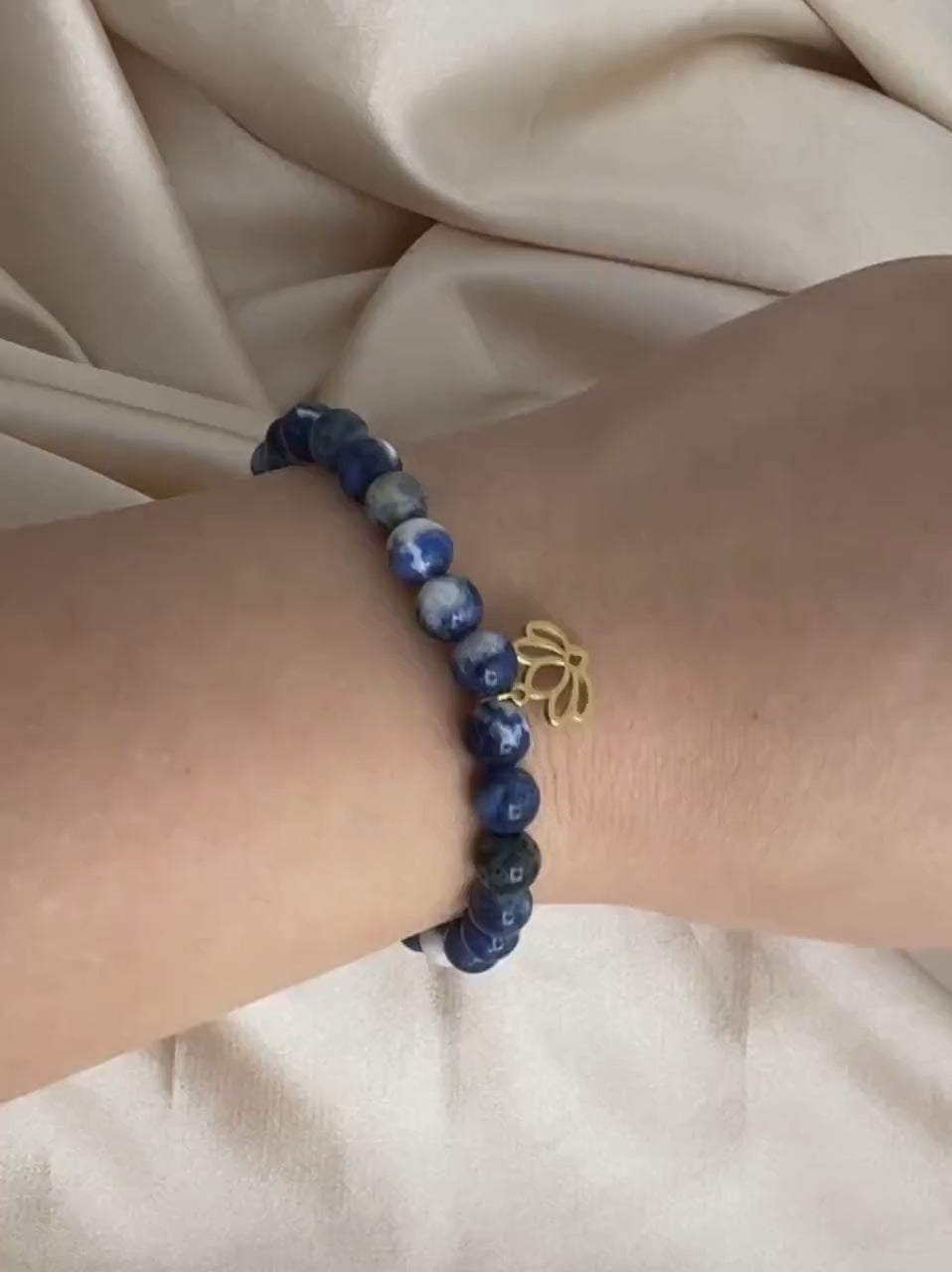 Blue Sodalite Bracelet with Lotus Charm, 18K Gold Stainless Steel, Delicate Layer, Simple Everyday, M7-317