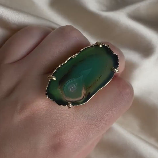 Green Agate Slice Ring Statement, Boho Large Geode Ring, Raw Crystal Ring Gold Adjustable, G15-81