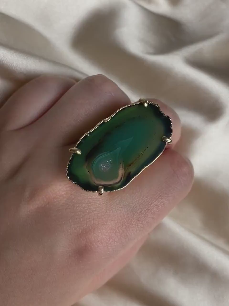 Green Agate Slice Ring Statement, Boho Large Geode Ring, Raw Crystal Ring Gold Adjustable, G15-81