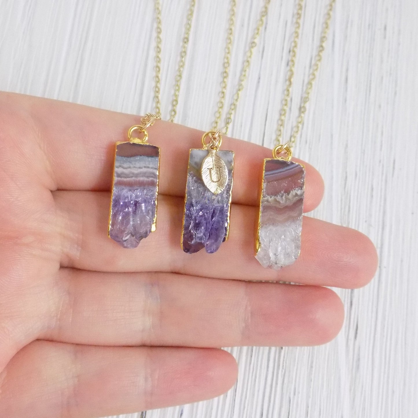 Personalized Necklace, Amethyst Necklace, Amethyst Slice, Initial Necklace, Gold Amethyst, Druzy Necklace, Purple Crystal, Long Layer R14-11