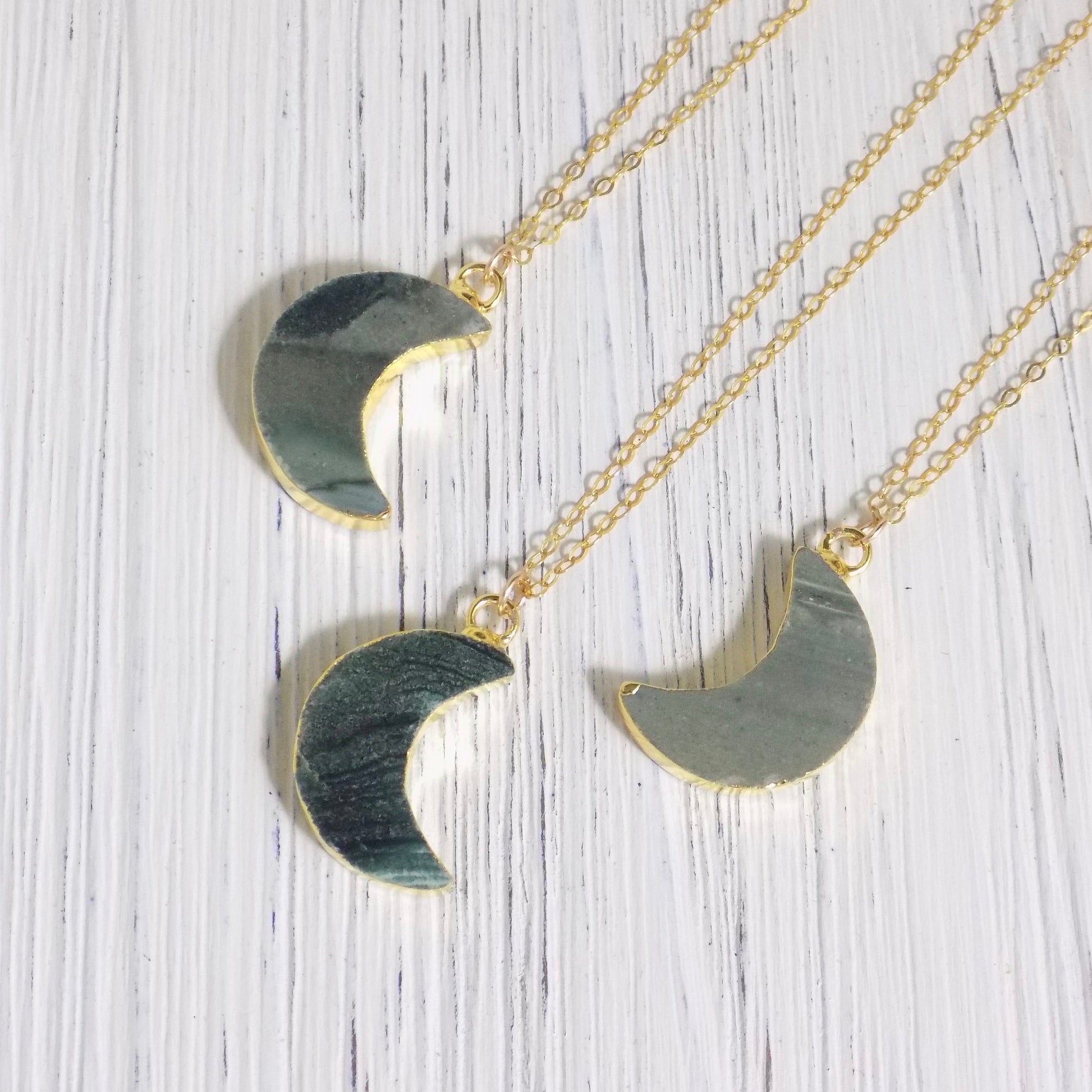 Crescent Moon Necklace Gold, Natural Green Jasper Pendant, Celestial Jewelry, Easter Gift Women, R8-30