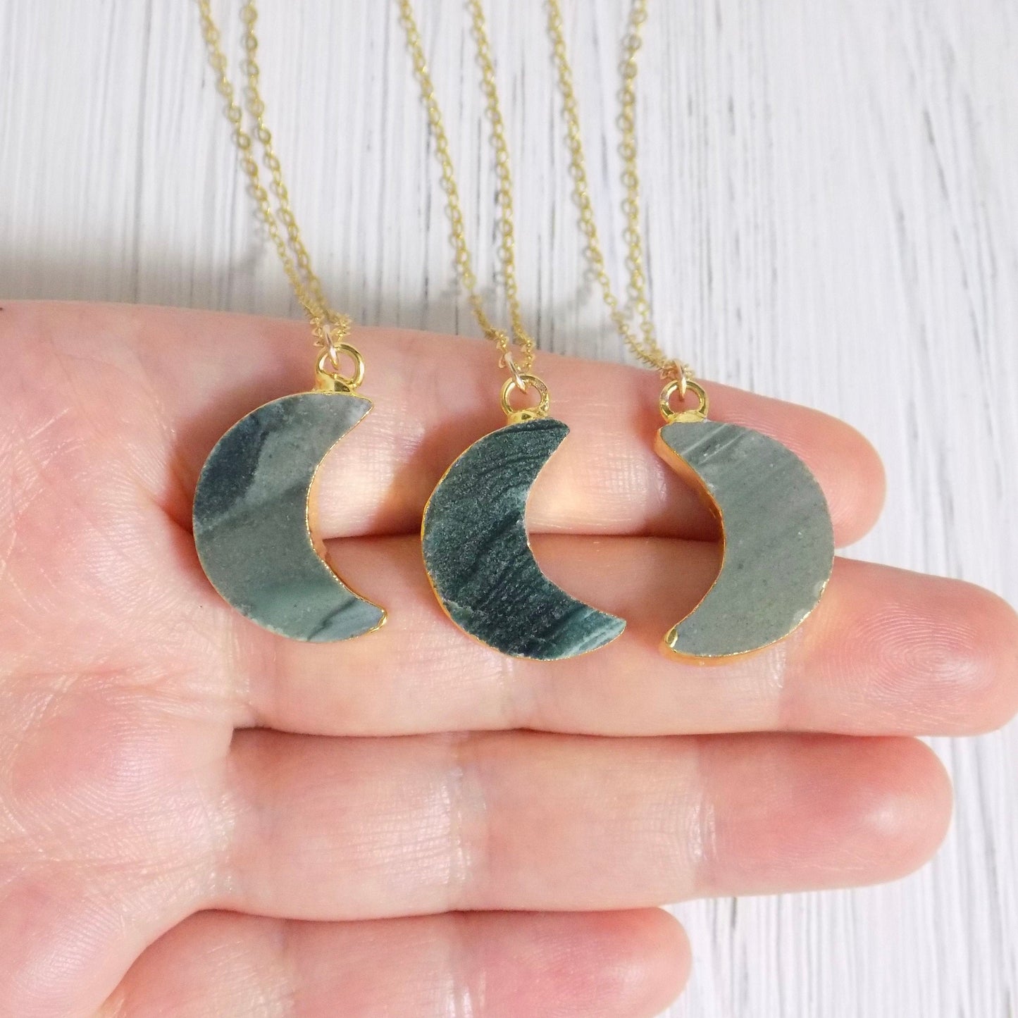 Crescent Moon Necklace Gold, Natural Green Jasper Pendant, Celestial Jewelry, Easter Gift Women, R8-30