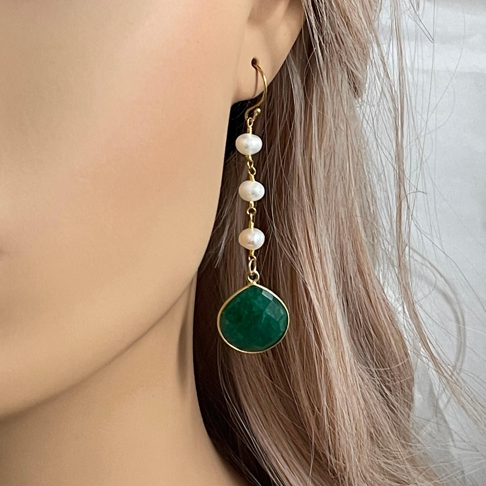 Green Emerald and Pearl Drop Earrings Gold, Mothers Day Gift, M5-347