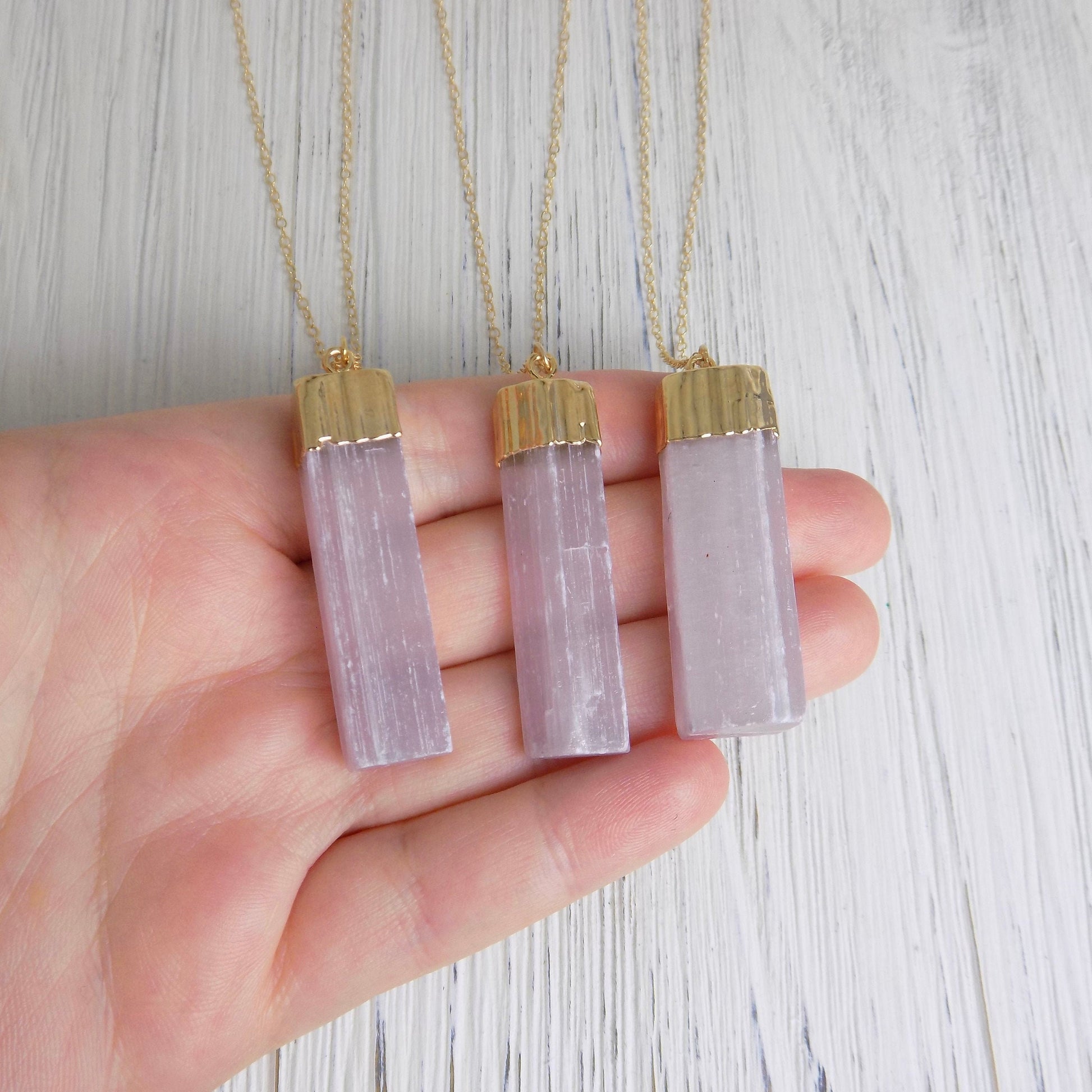 Pink Selenite Necklace - Raw Selenite Necklace Gold