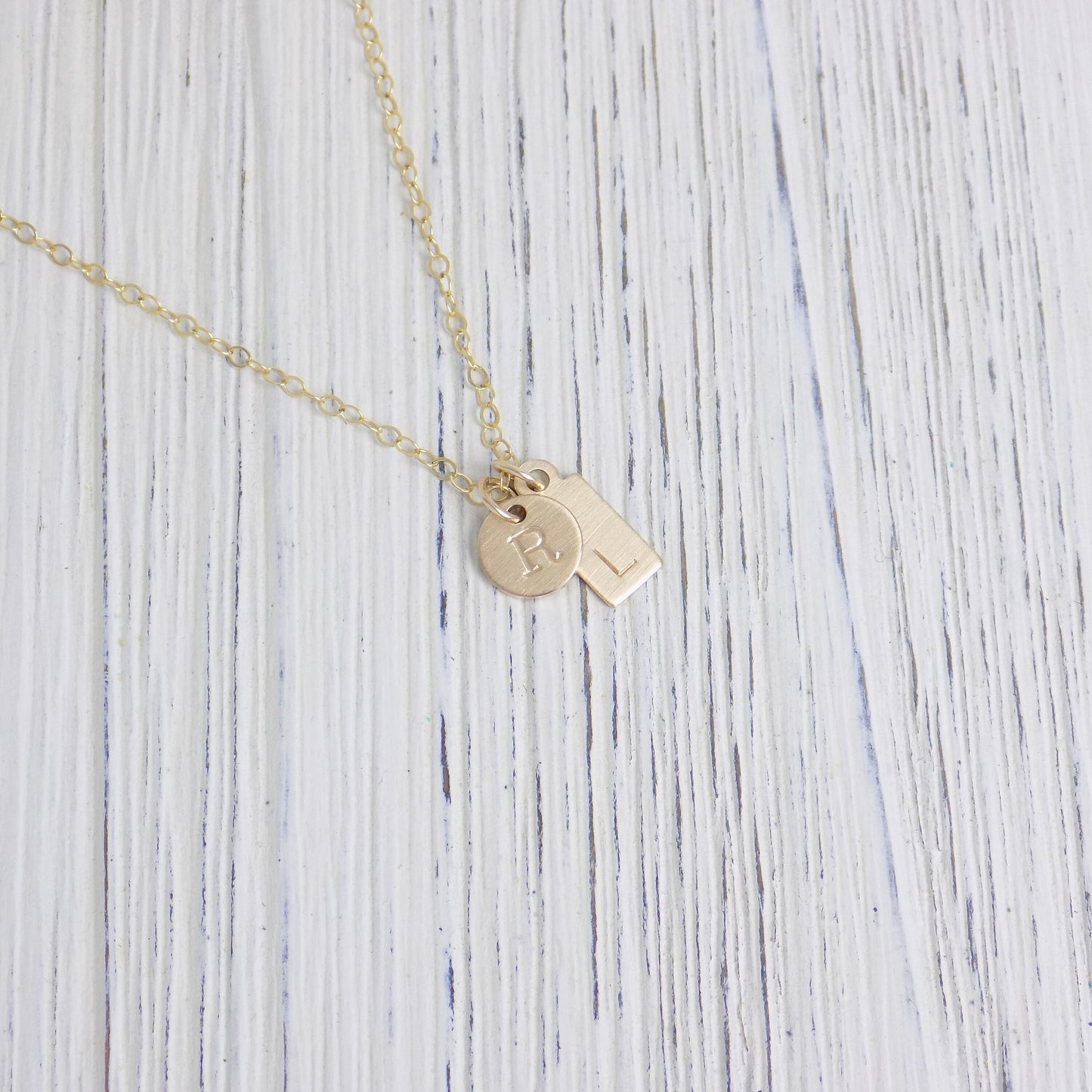 Personalized Charm Necklace - Small Tag Initial Necklace Brushed Matte Satin Finish - 14K Gold Filled Initial Necklace - Layering Gift Women