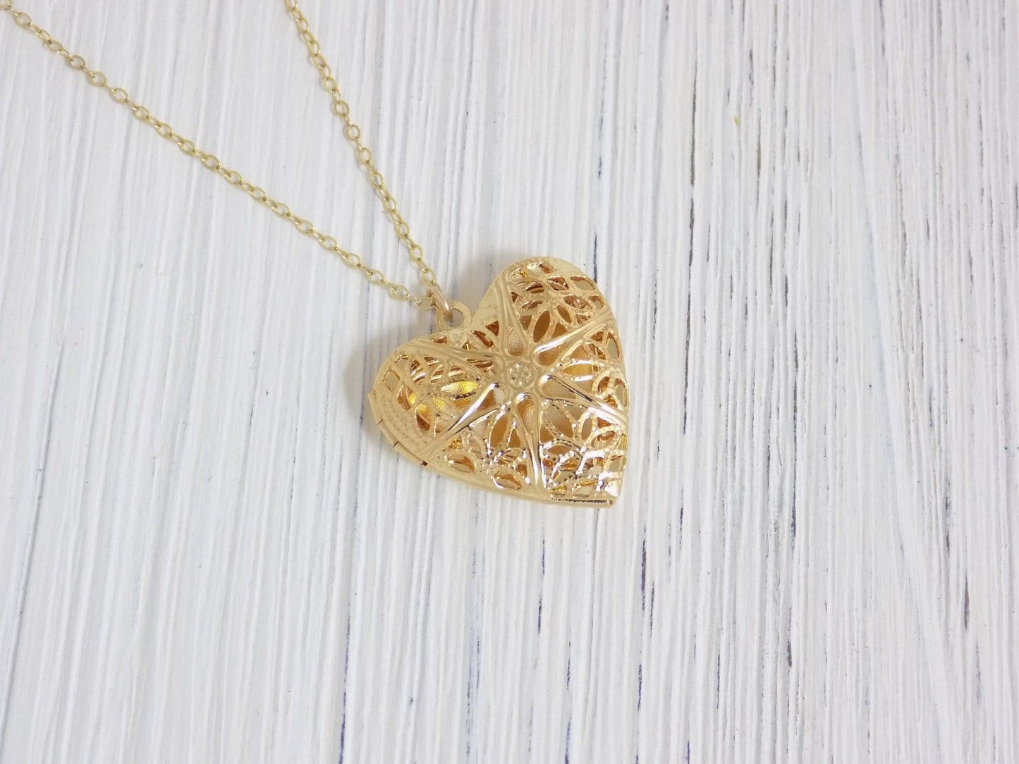 Gold Filigree Heart Locket Necklace for Pictures on 14K Gold Filled Chain, Christmas Gift For Her, L1-24