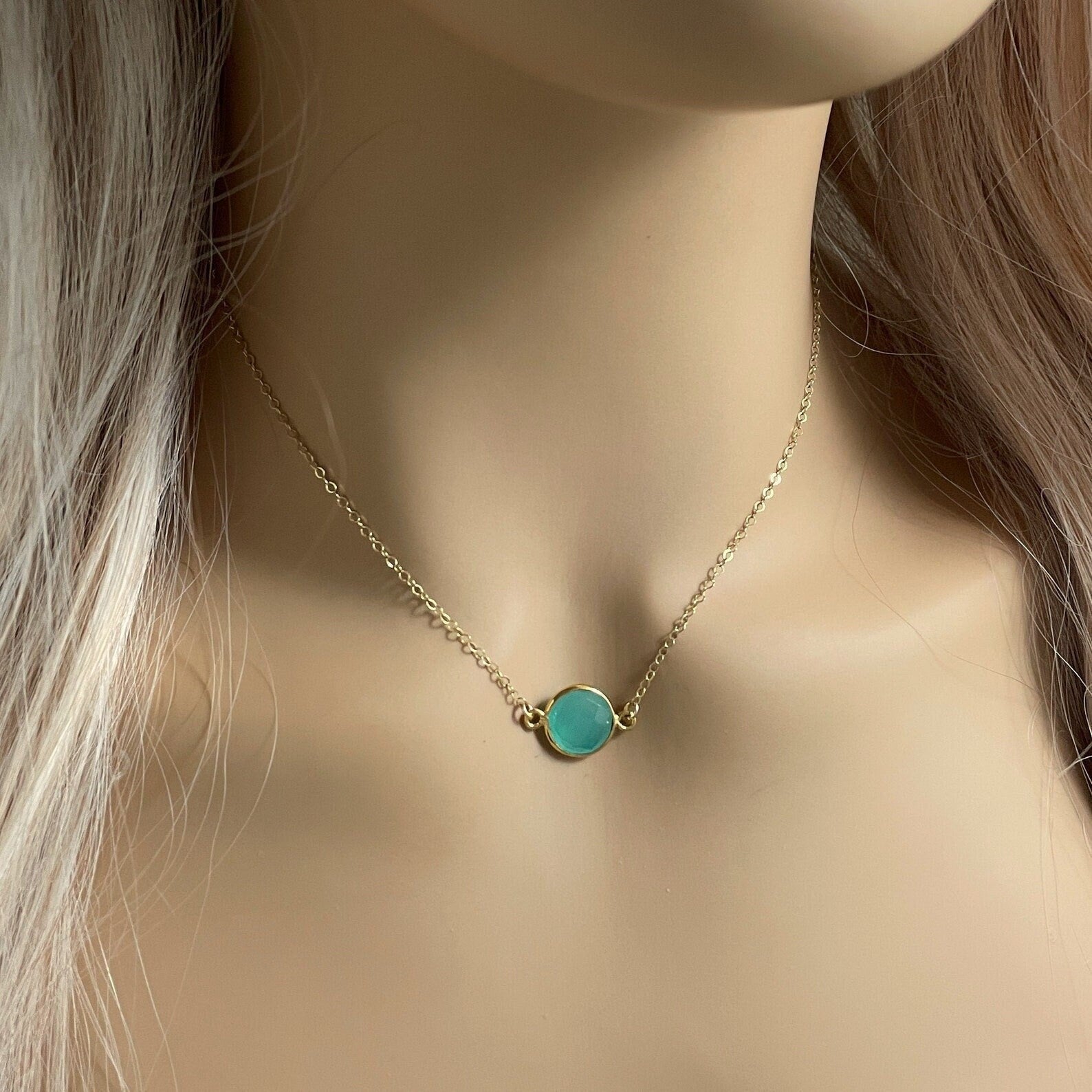 Small Aqua Chalcedony Necklace 14K Gold Filled Chain, Minimalist Gifts For Mom, M6-03