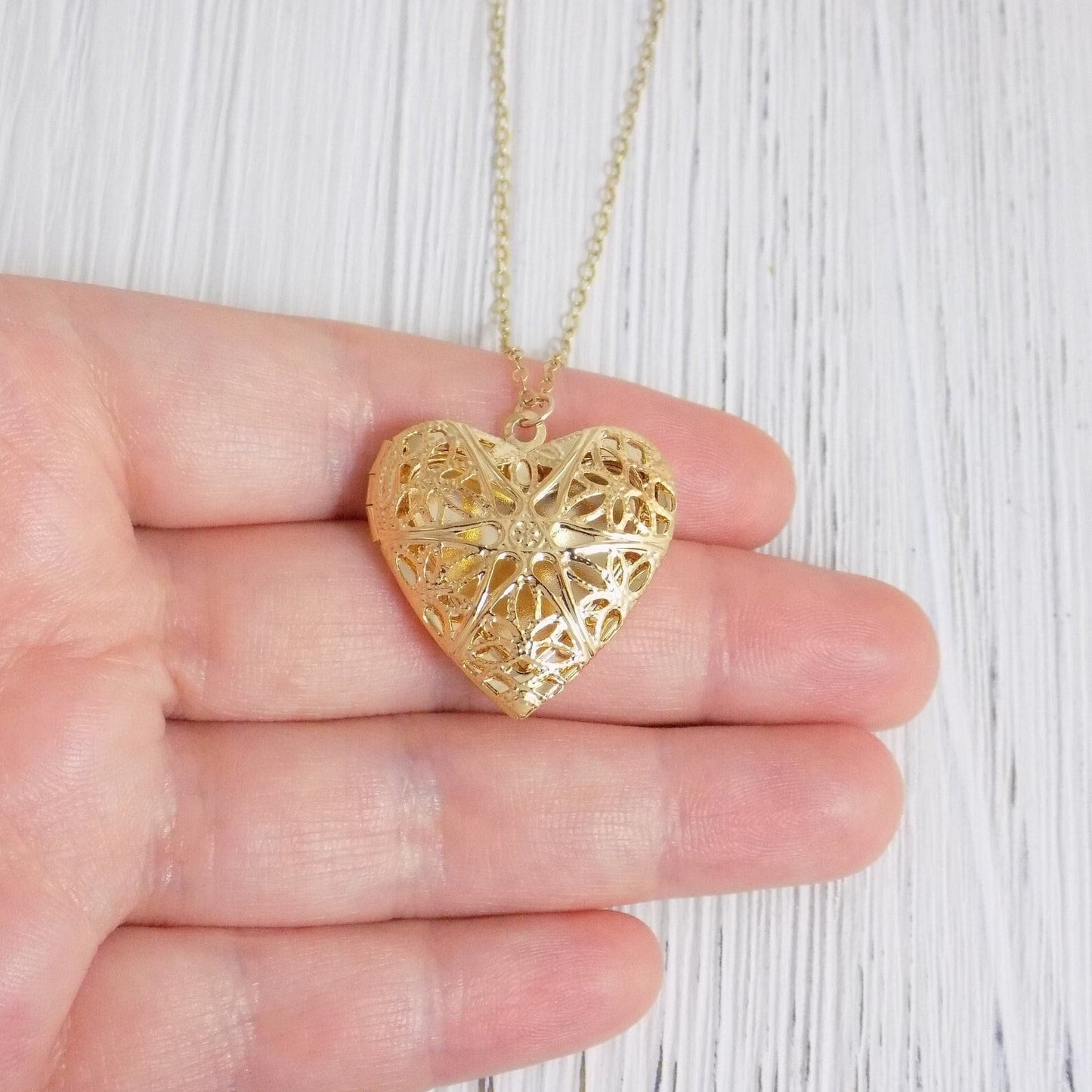 Gold Filigree Heart Locket Necklace for Pictures on 14K Gold Filled Chain, Christmas Gift For Her, L1-24