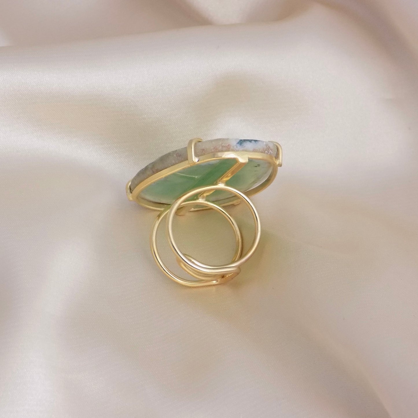 Natural Agate Ring Gold Adjustable - Green Boho Geode Ring