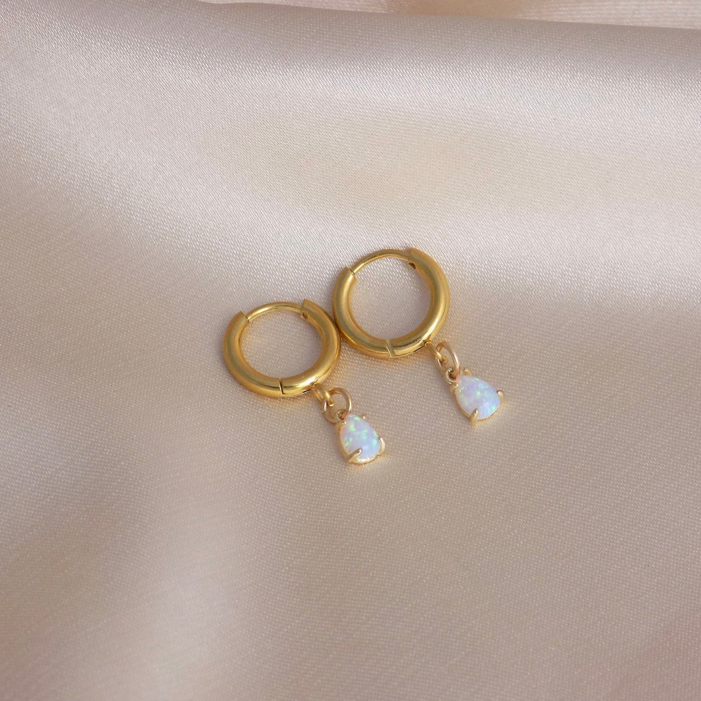 Gold Hoop Earrings With Tiny Teardrop Opal Gemstones, Christmas Gift Women, M6-713