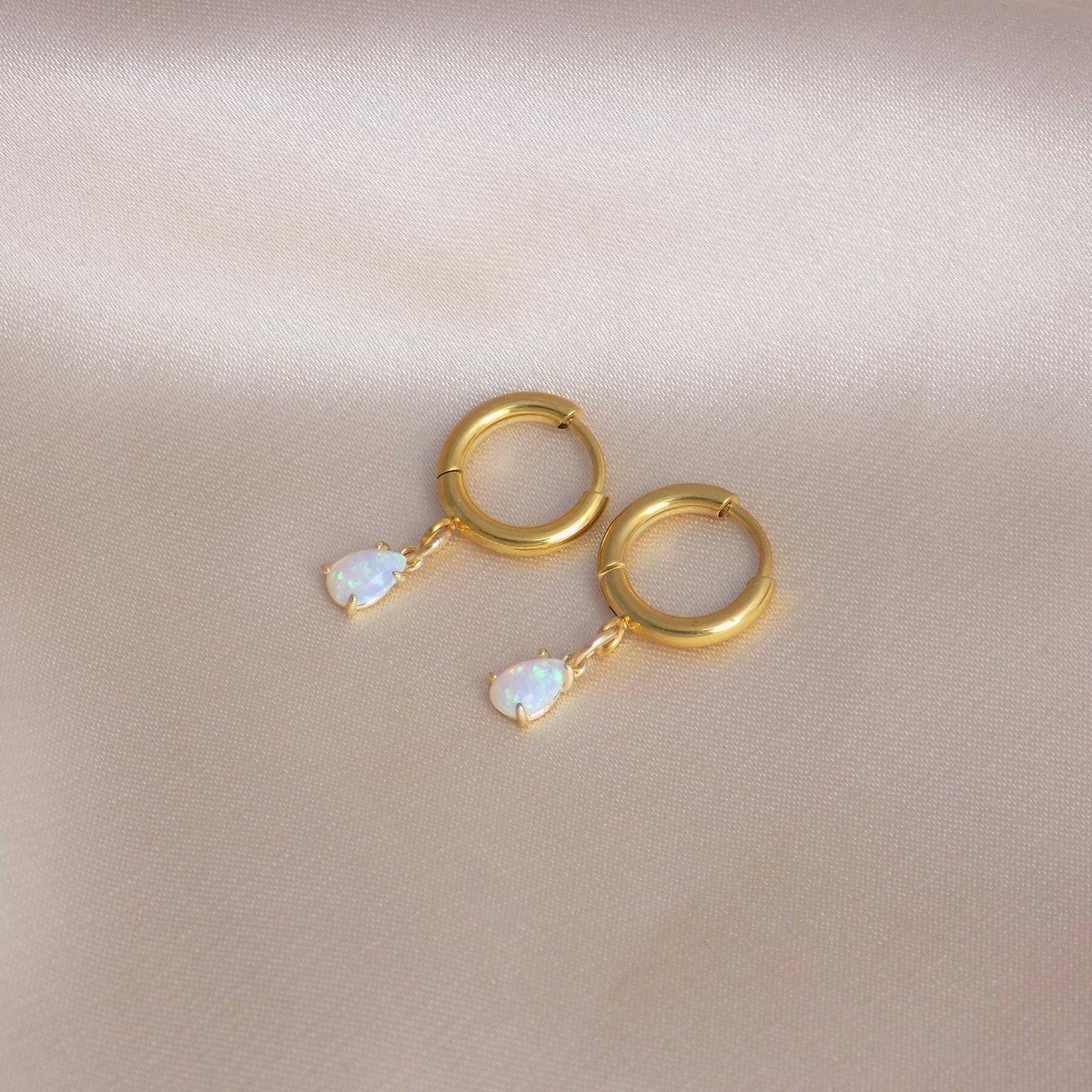 Gold Hoop Earrings With Tiny Teardrop Opal Gemstones, Christmas Gift Women, M6-713