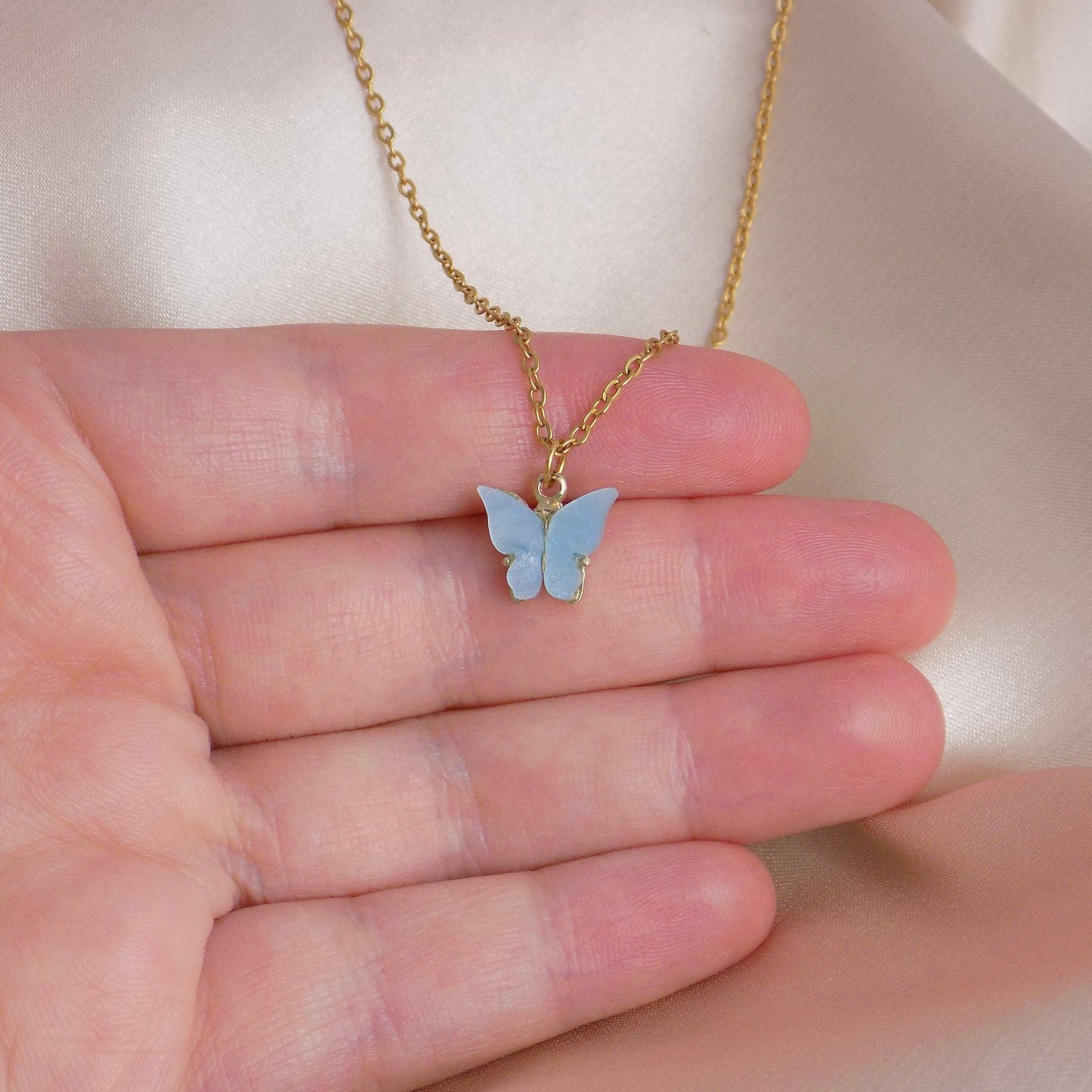 Minimalist Blue Butterfly Charm Necklace on 18K Gold Stainless Steel Chain, Christmas Gifts For Her, M6-710