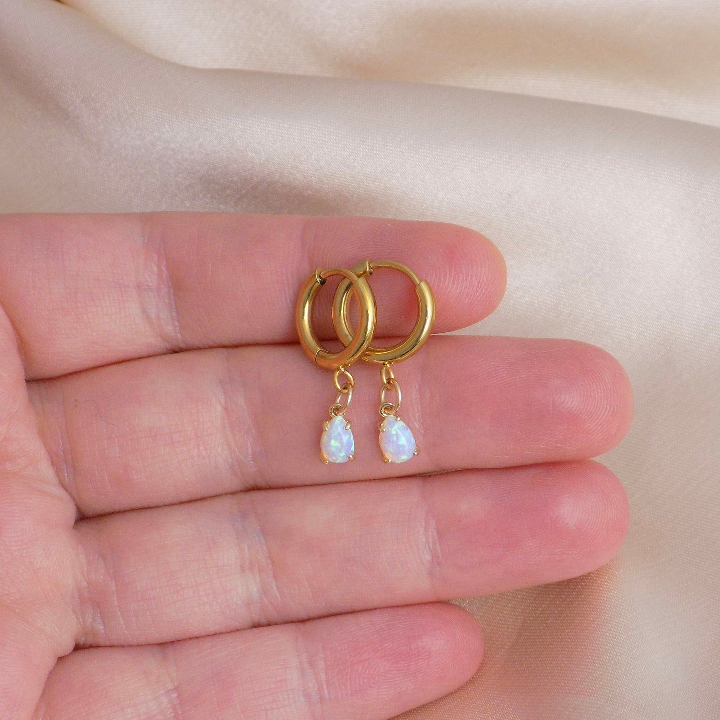 Gold Hoop Earrings With Tiny Teardrop Opal Gemstones