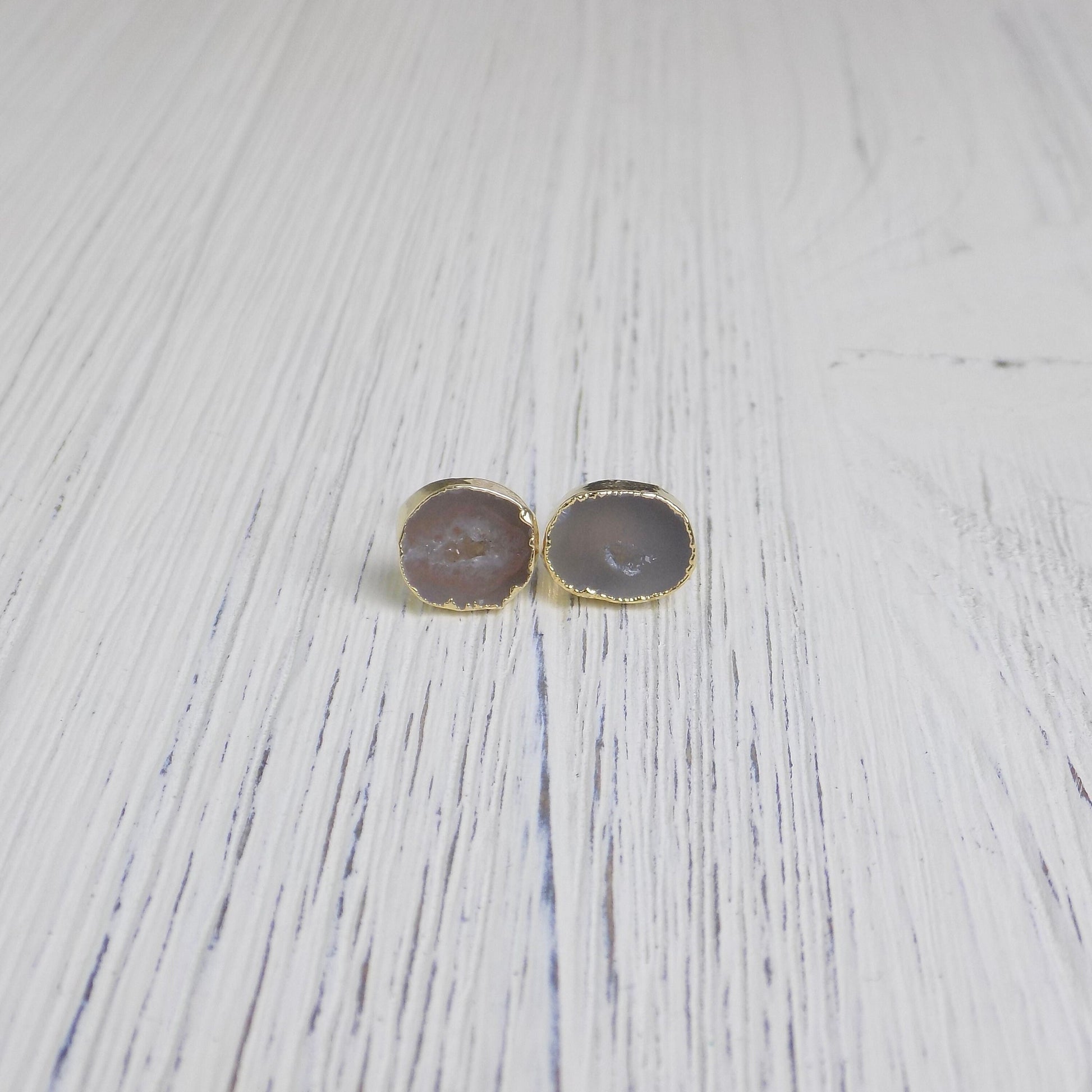 Gray Crystal Earrings Studs Gold, Geode Earrings, Real Druzy Stud Earring Small, Bridesmaid Gift, G14-174