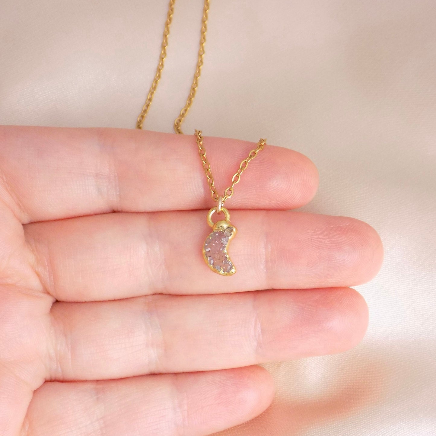 Tiny Moon Necklace Gold, Natural Druzy Gemstone, Minimalist Jewelry, R14-47