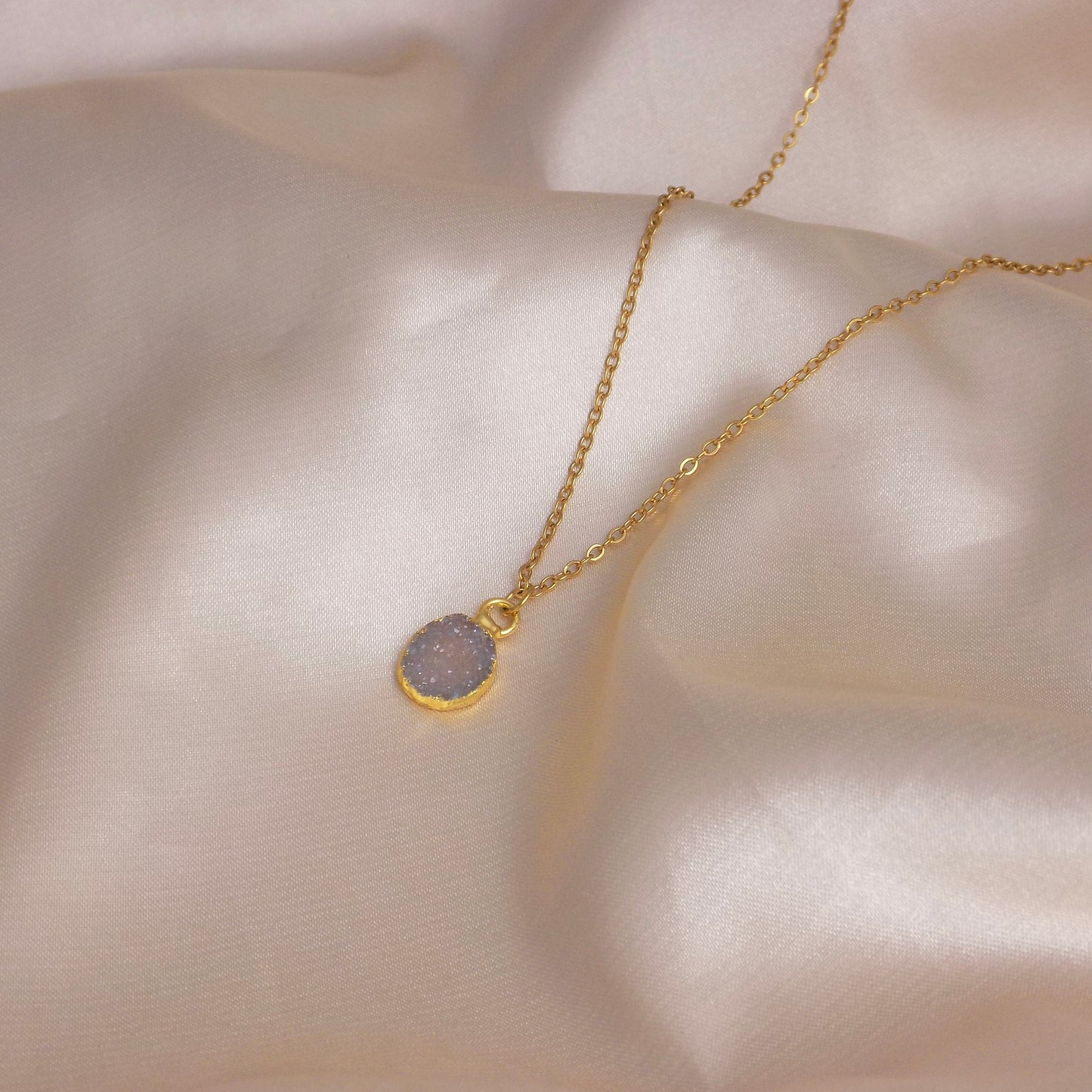 Tiny Natural Druzy Gemstone Necklace on 18K Gold Stainless Steel Chain, G14-797