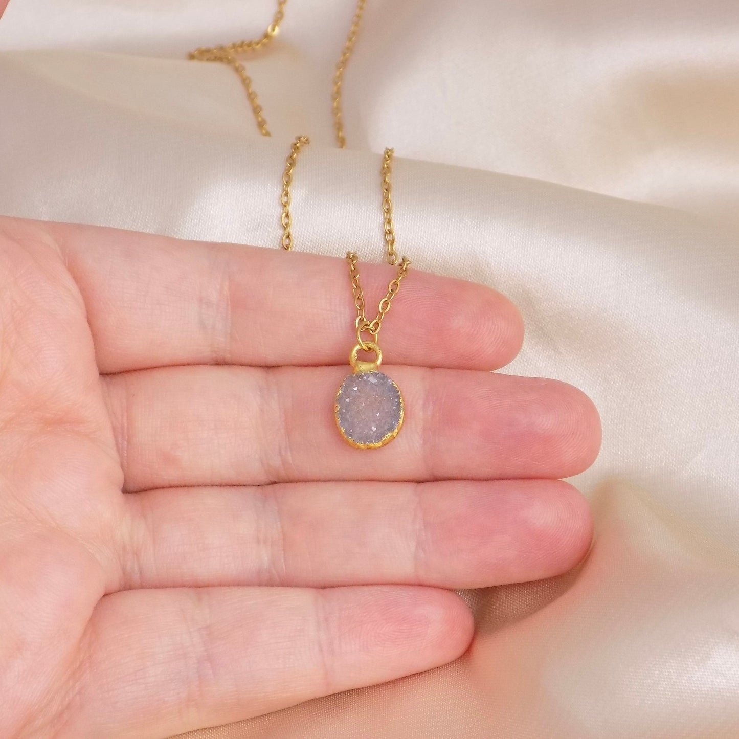 Tiny Natural Druzy Gemstone Necklace on 18K Gold Stainless Steel Chain, G14-797