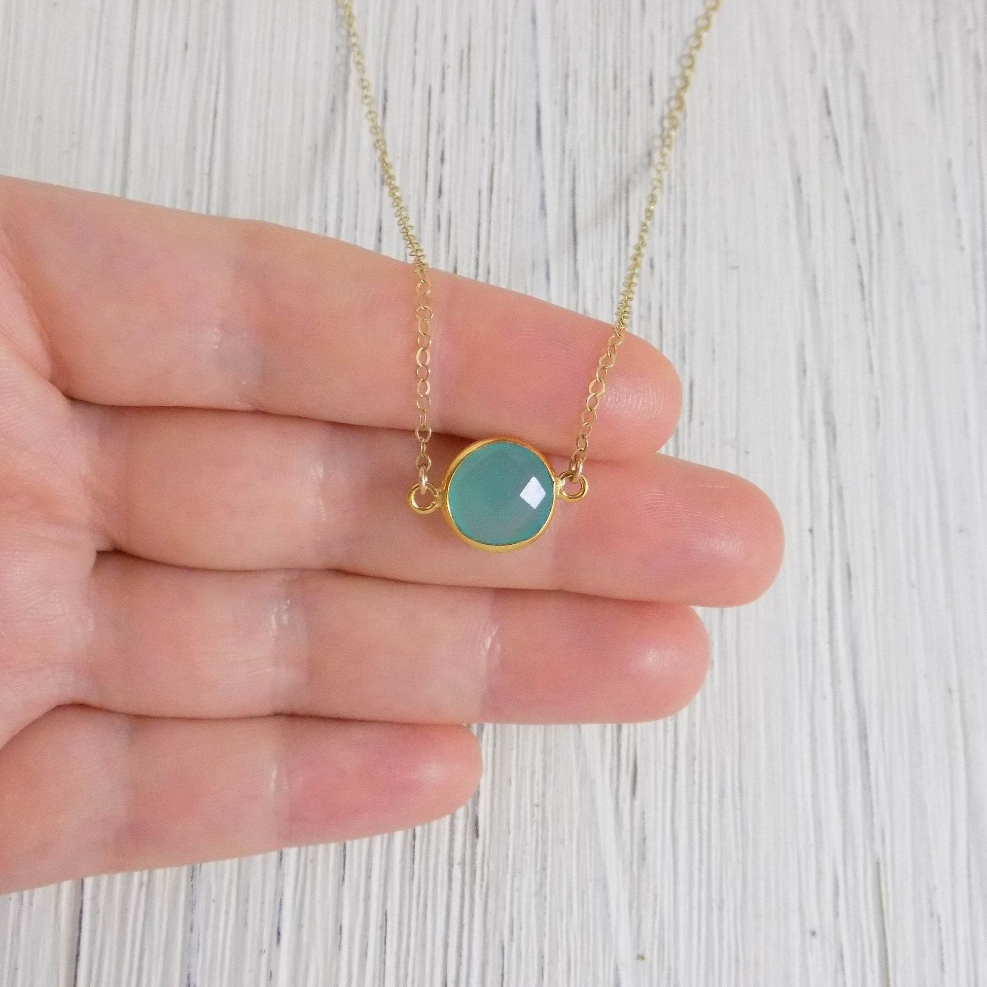 Small Aqua Chalcedony Necklace 14K Gold Filled Chain, Minimalist Gifts For Mom, M6-03