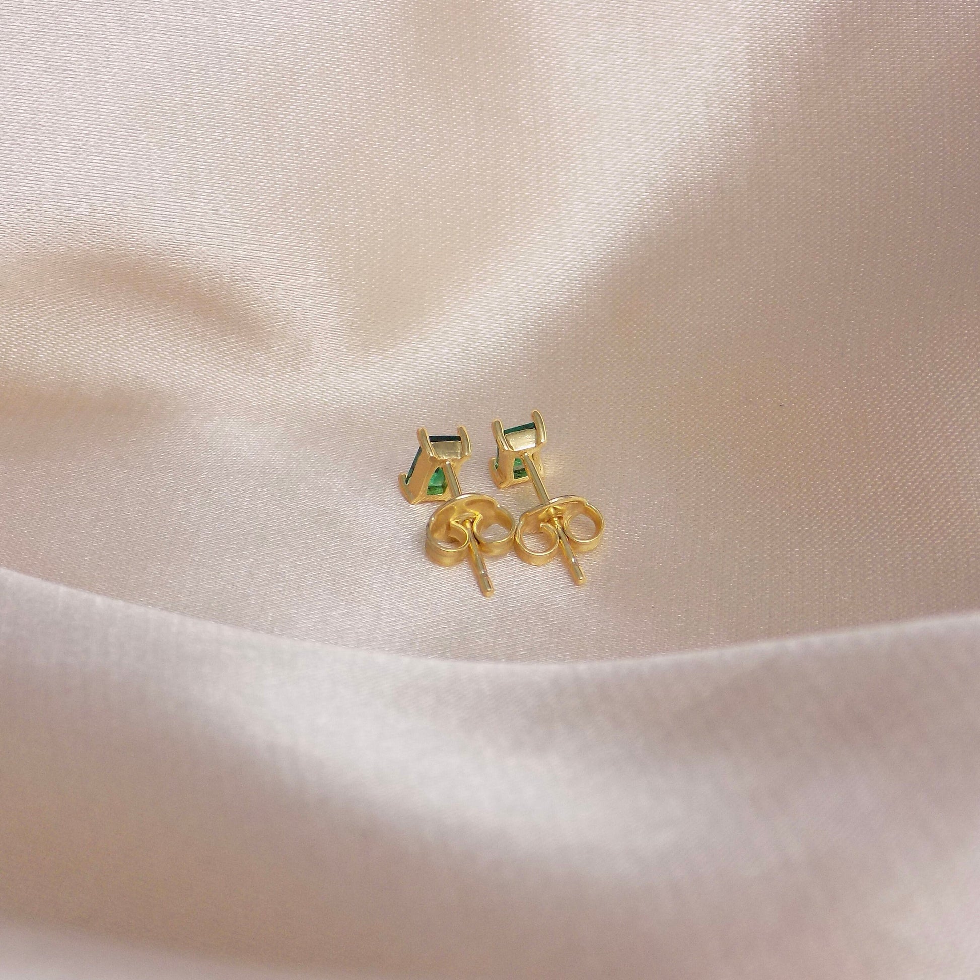 Tiny Green Emerald Stud Earrings Gold Baguette Cut, 5mm x 3mm, May Birthstone Studs, Gift Women, M6-790