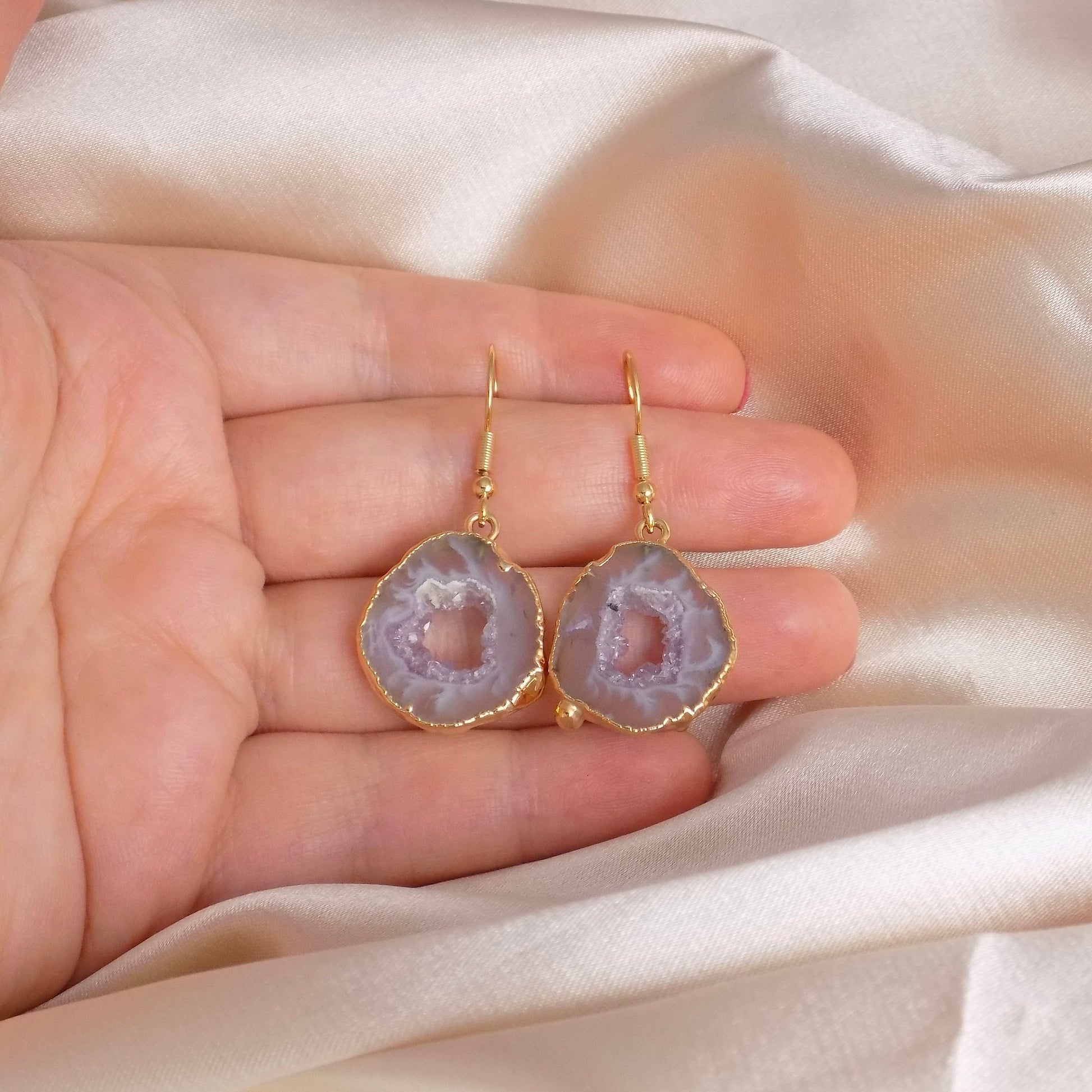 Small Geode Slice Earrings Gold, Gemstone Jewelry Gift Women, G15-14