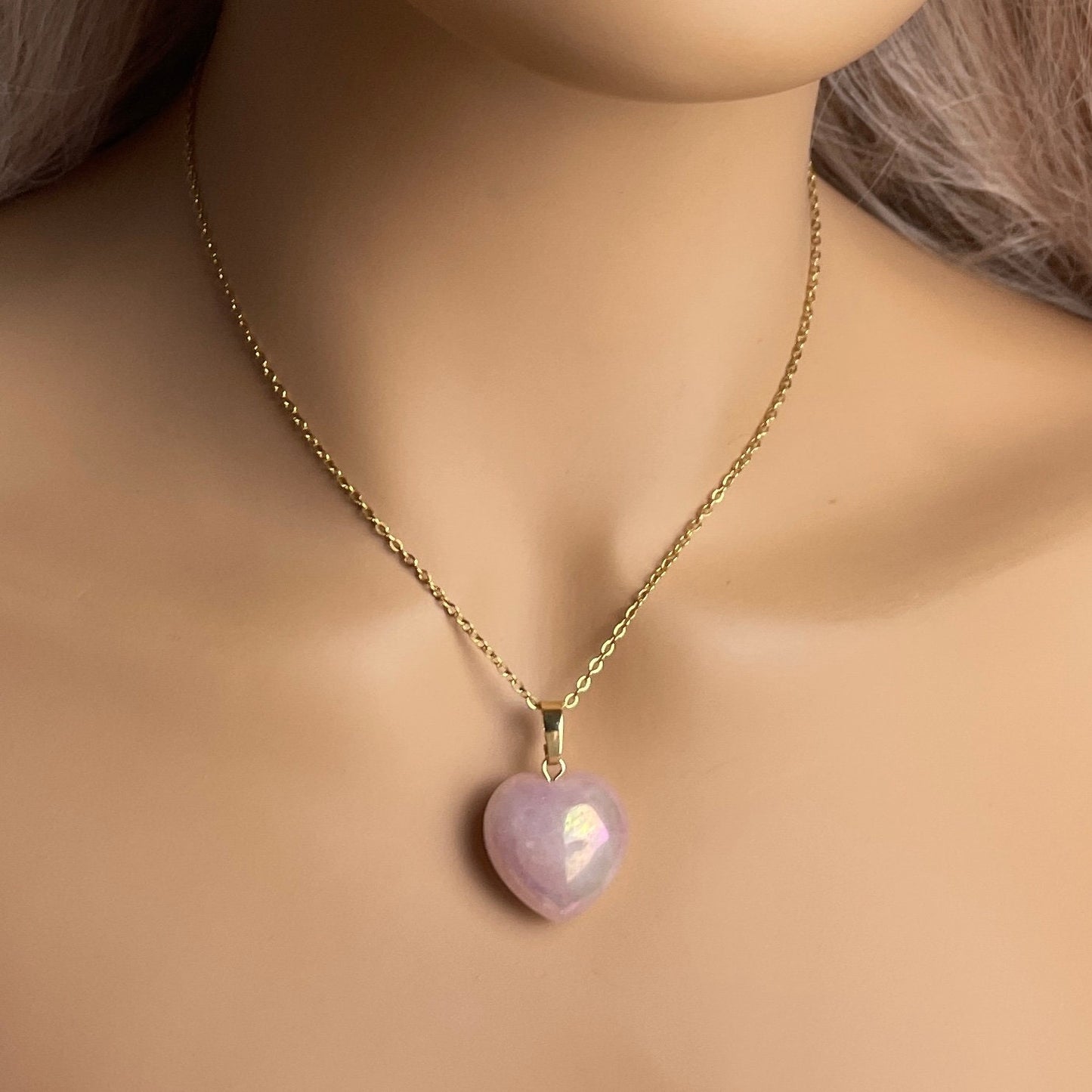 Rose Quartz Heart Pendant, Iridescent Aura Crystal Pendant, Gift Women, M7-09