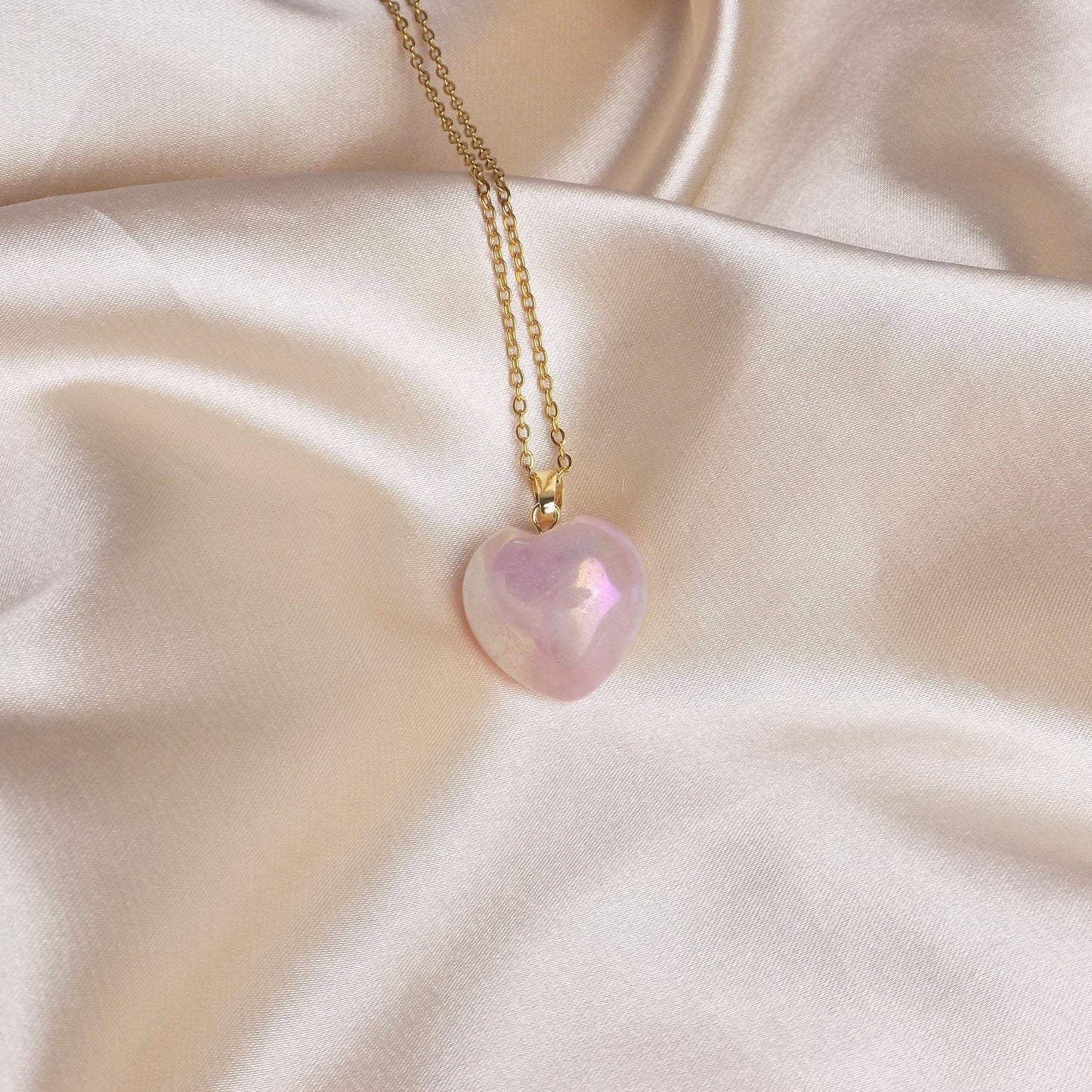 Rose Quartz Heart Pendant, Iridescent Aura Crystal Pendant, Gift Women, M7-09