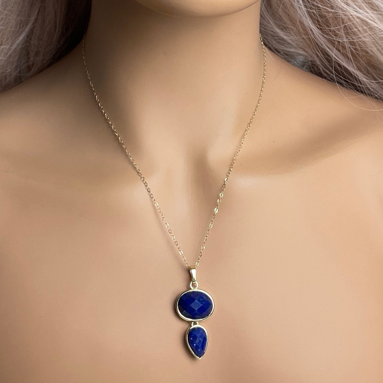 Unique Lapis Lazuli Pendant Necklace Gold, Gift For Mom, M7-51