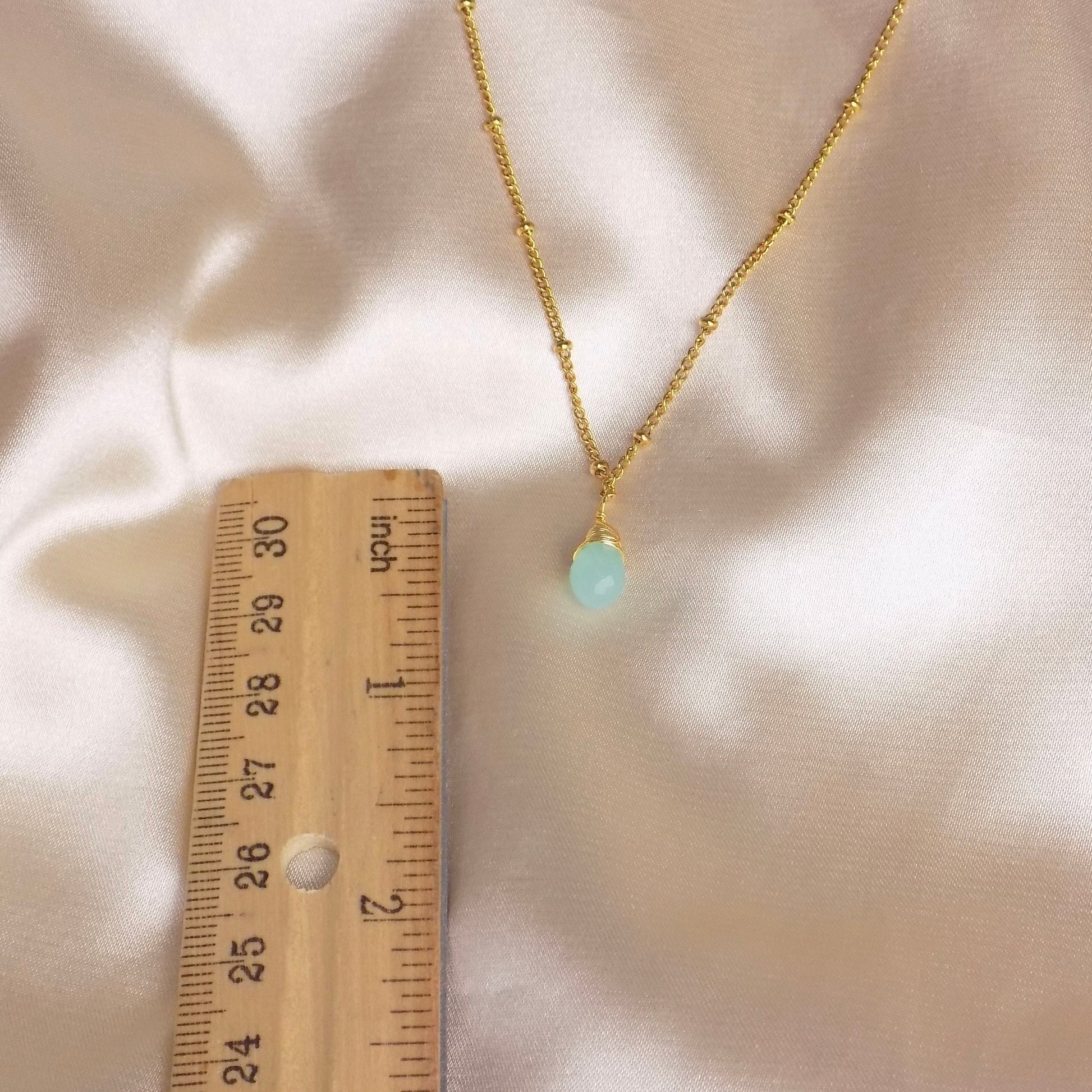 Gold Satellite Chain With Small Aqua Chalcedony Charm, 18K Gold Stainless Steel, Minimalist Layer, M7-73