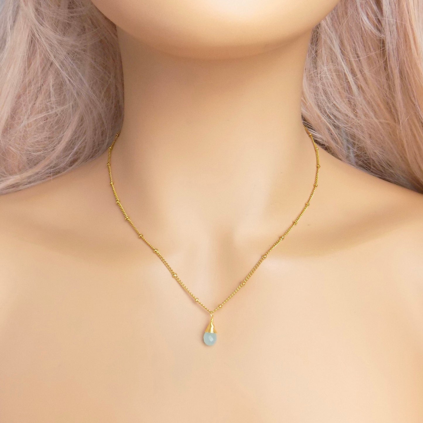 Gold Satellite Chain With Small Aqua Chalcedony Charm, 18K Gold Stainless Steel, Minimalist Layer, M7-73