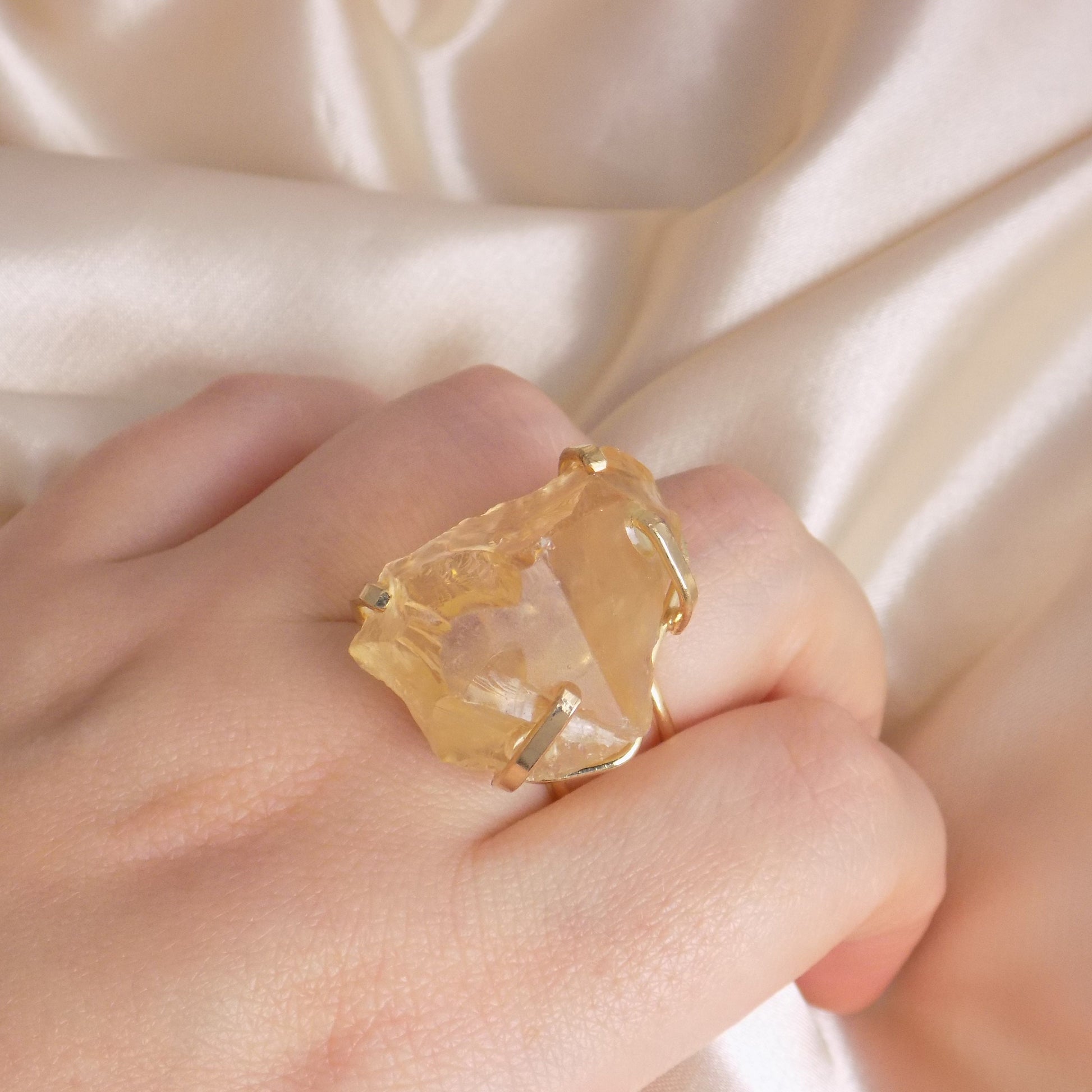 Large Citrine Ring - Raw Natural Citrine Ring Gold Plated Adjustable Band