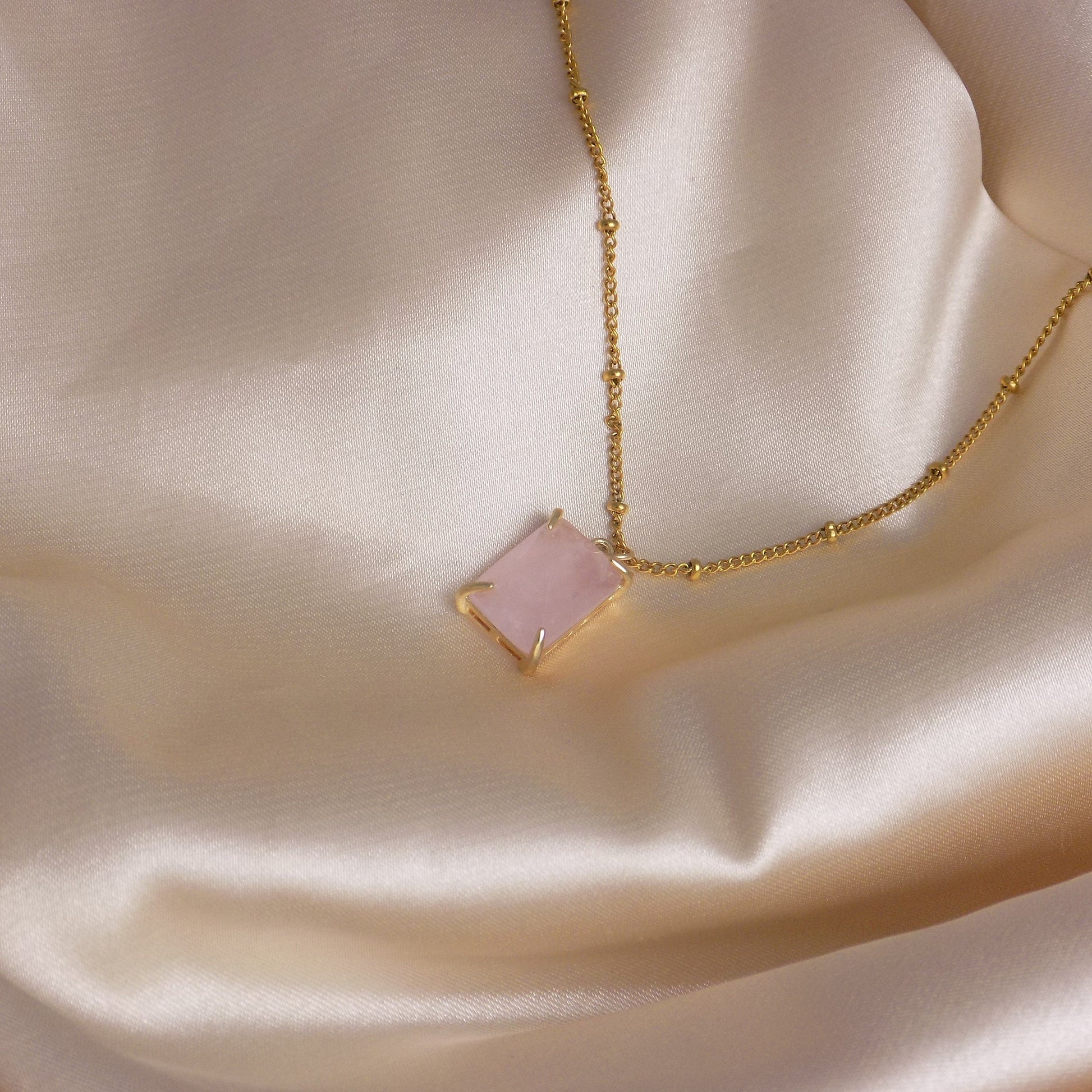 Square Rose Quartz Pendant on Satellite Chain 18K Gold Plated - Stunning Gemstone Jewelry