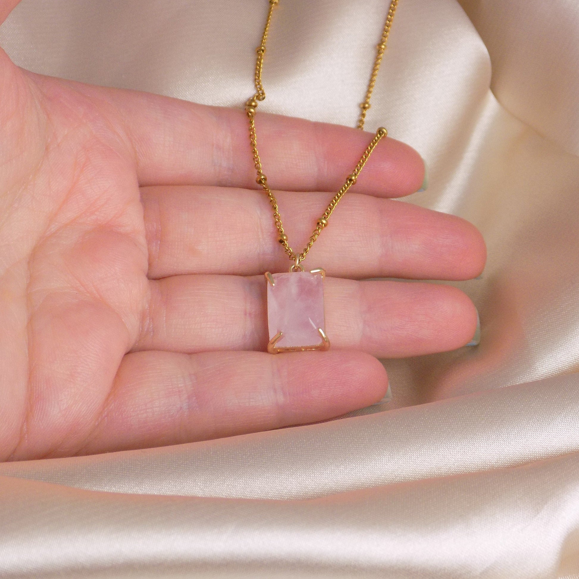 Square Rose Quartz Pendant on Satellite Chain 18K Gold Plated - Stunning Gemstone Jewelry